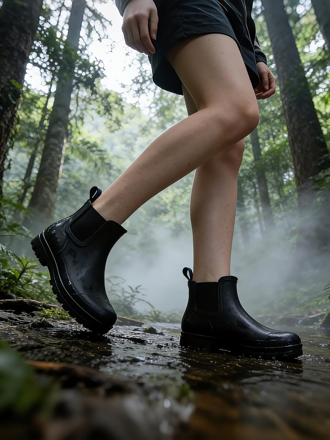 Womens Rain Boots, Waterproof Short Ankle Rainboots Arch Support Chelsea Boots Non-Slip Rubber Shoes for Outdoor Work Garden Rain