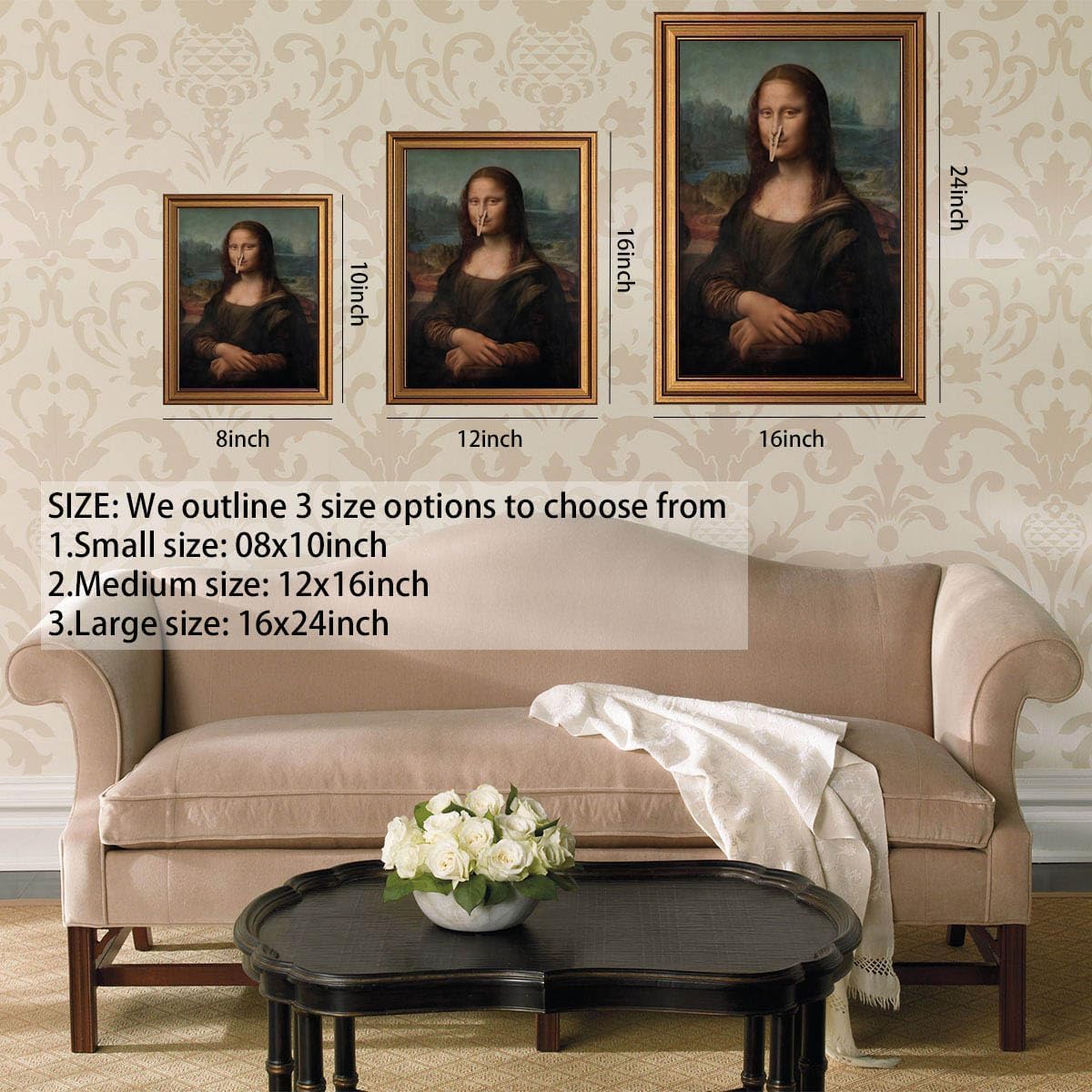 Vintage Gold Framed Funny Mona Lisa Bathroom Canvas Wall Art Humor Mona Lisa Clothespin Nose Poster Classical Painting Artwork Whimsical Toilet Posters Picture Print for Home Bathroom Decor-1624inch