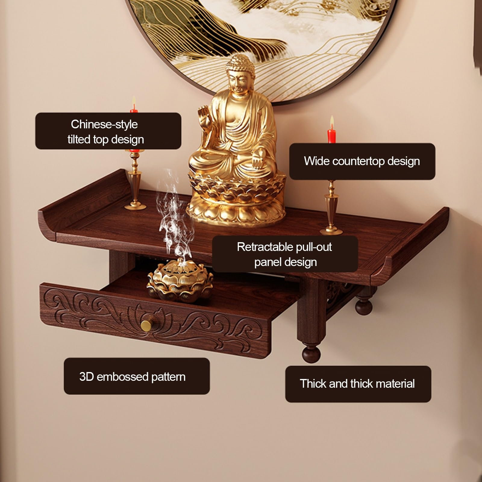 Sanktuarium montowane na ścianie, kremacyjny stół ołtarzowy dla zwierząt domowych, buddyjska platforma kultu, Guan Yu, Guanyin (pulpit, S)