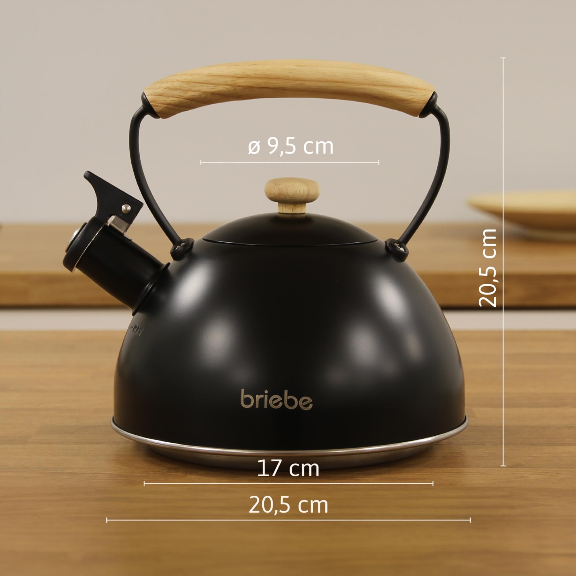 briebe Nordic Wasserkessel Induktion 2,3L, Flötenkessel, Edelstahl Teekessel Retro Alle Herdarten, GlasKeramikherd, Gas, Elektroherd, Holzgriff Cool-Touch, für Tee Kaffee, Tea pot, Schwarz