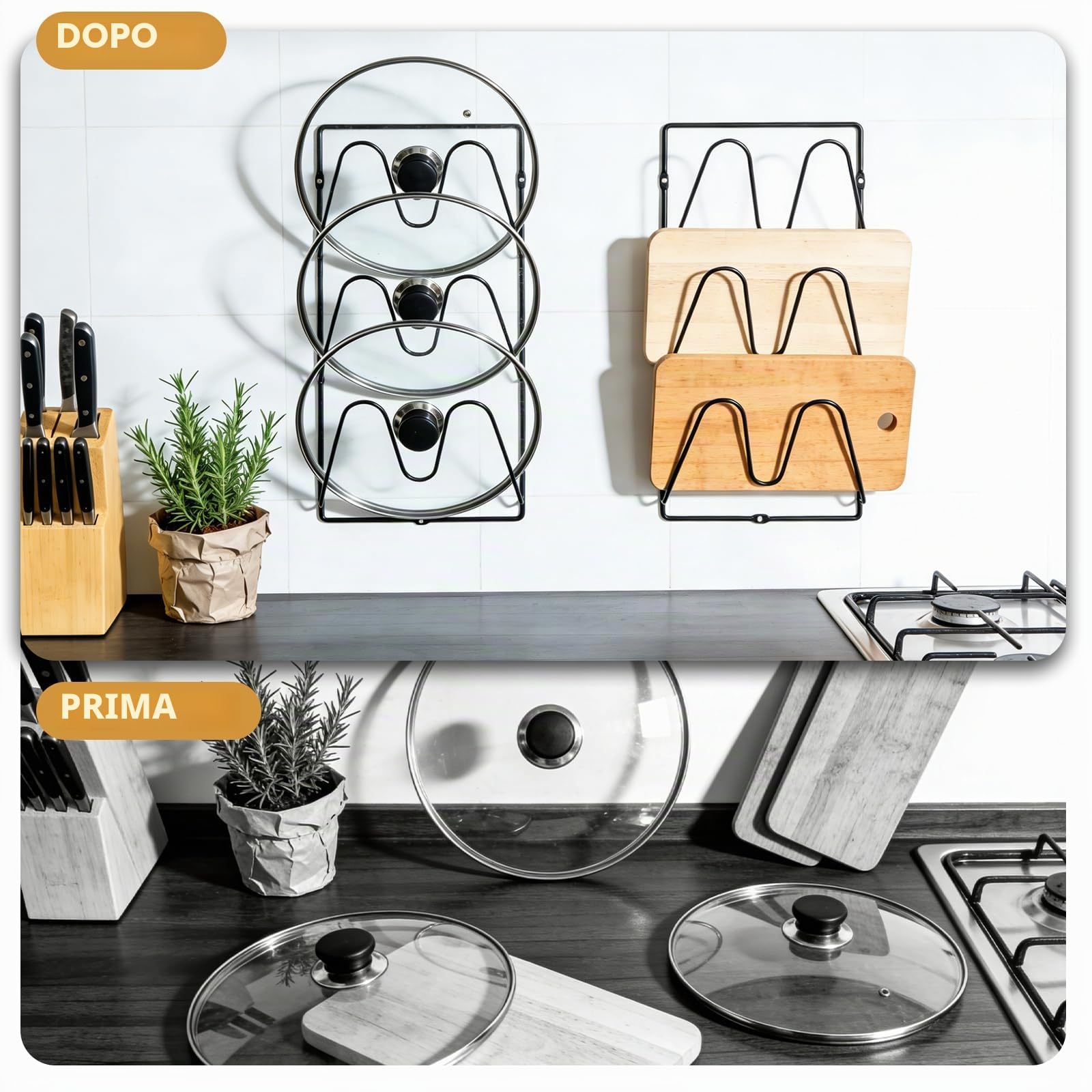 Confezione da 2 organizer per coperchi di pentole, 6 ripiani a V, da parete, con 6 adesivi, 6 chiodi e 6 tasselli in plastica per pareti, ante dell'armadio, sotto il lavandino (nero)