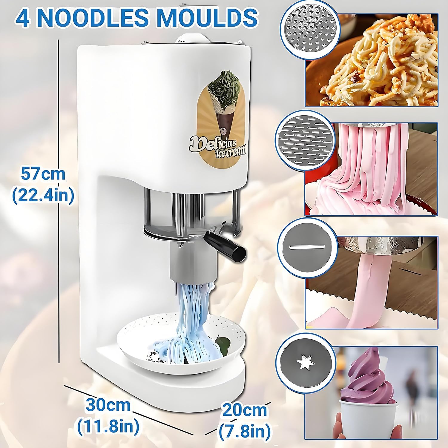 Spaghetti Ice Cream Maker Spaghetti Gelato Ice Cream Machine 80w Ice Cream Press Machine 4 Types Noodle Forming Outlet for Gelato & Dessert Shops White