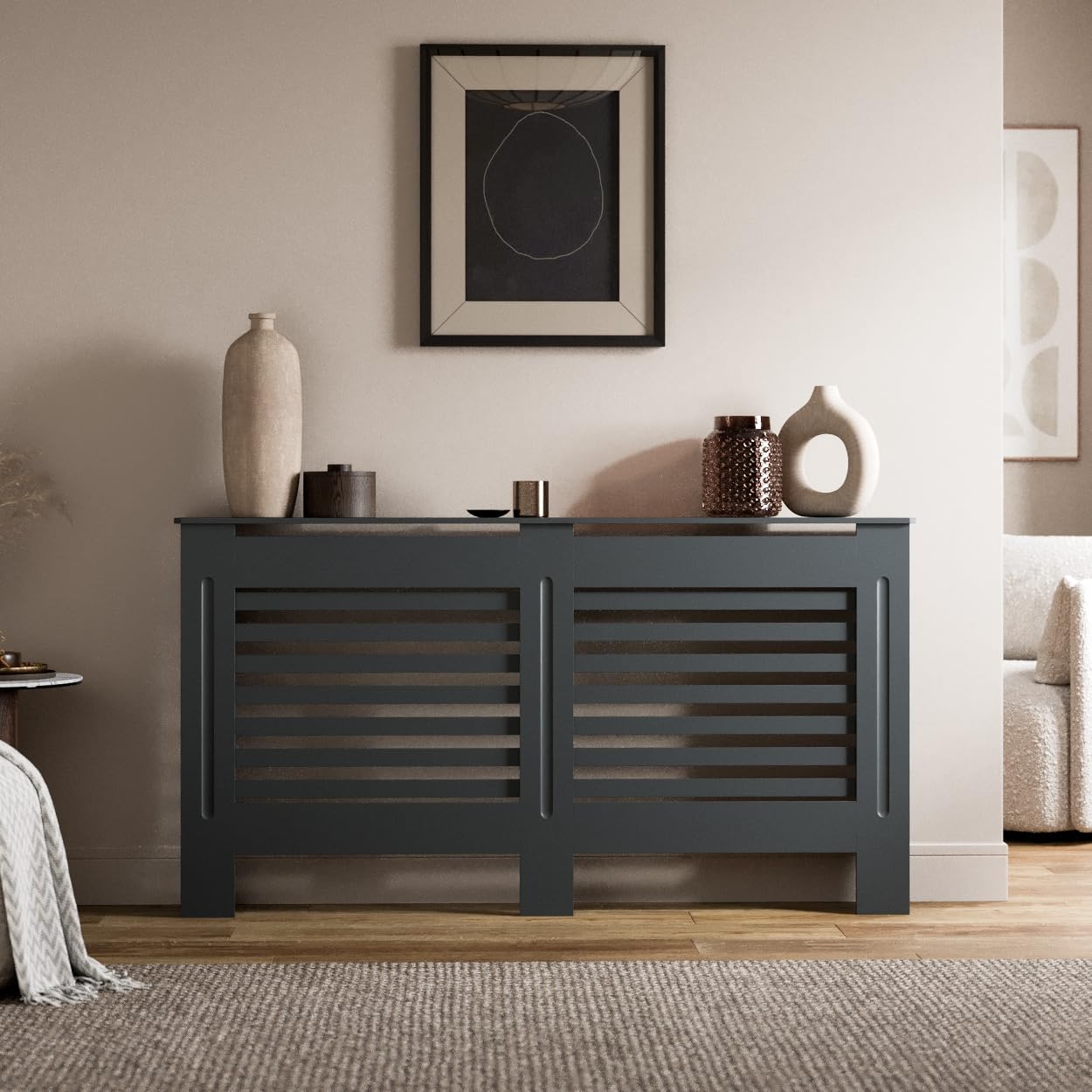 Radiant Living Anthracite Radiator Cover Horizontal Slat Design, Modern Grey Mdf Radiator Cabinet For Living Room & Bedroom, Large 152 X 81.5 X 19Cm