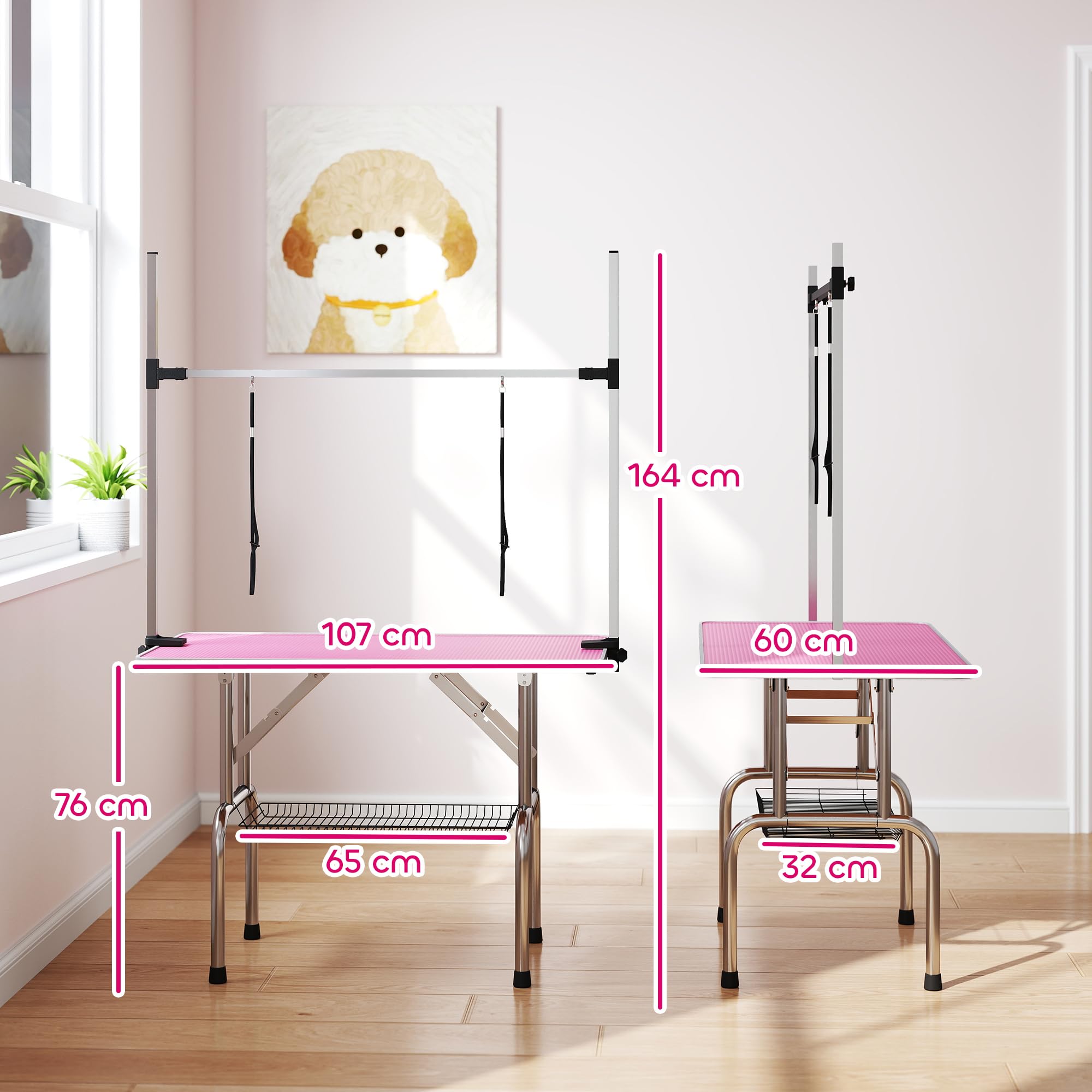 PawHut Table de toilettage pliable, table de toilettage avec panier en métal, plan de travail antidérapant, barre réglable en acier inoxydable, pour chiens, chats, 107x60x164 cm, rose