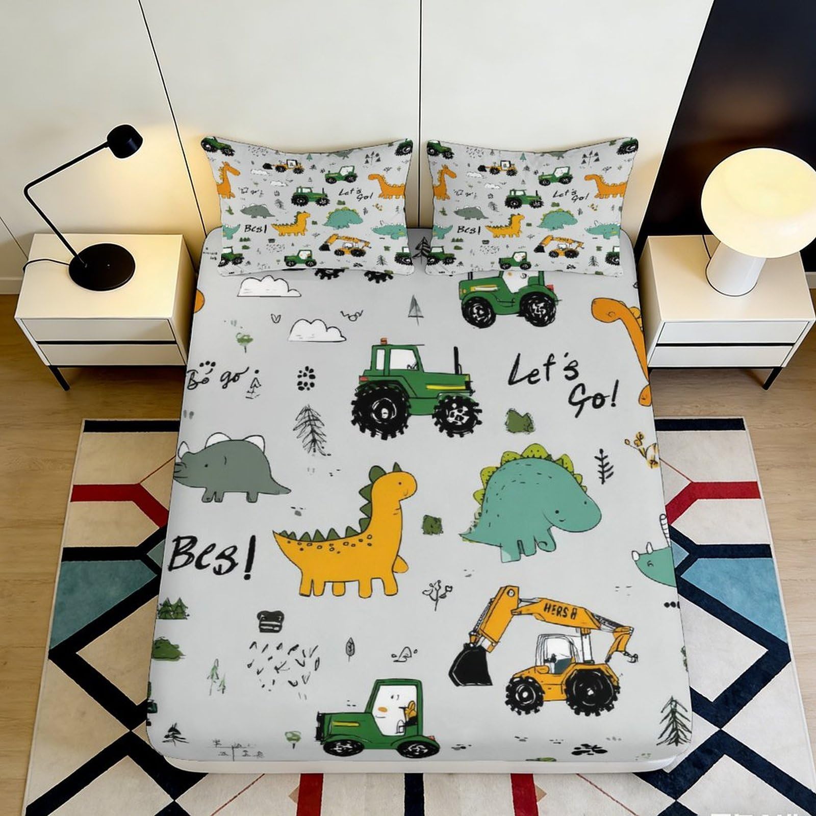 3D Printed Dinosaur Tractor Fitted Sheet Microfiber Soft Cartoon Excavator Bed Cover for Bedroom Guest Room Easy Care 90x200x25cm