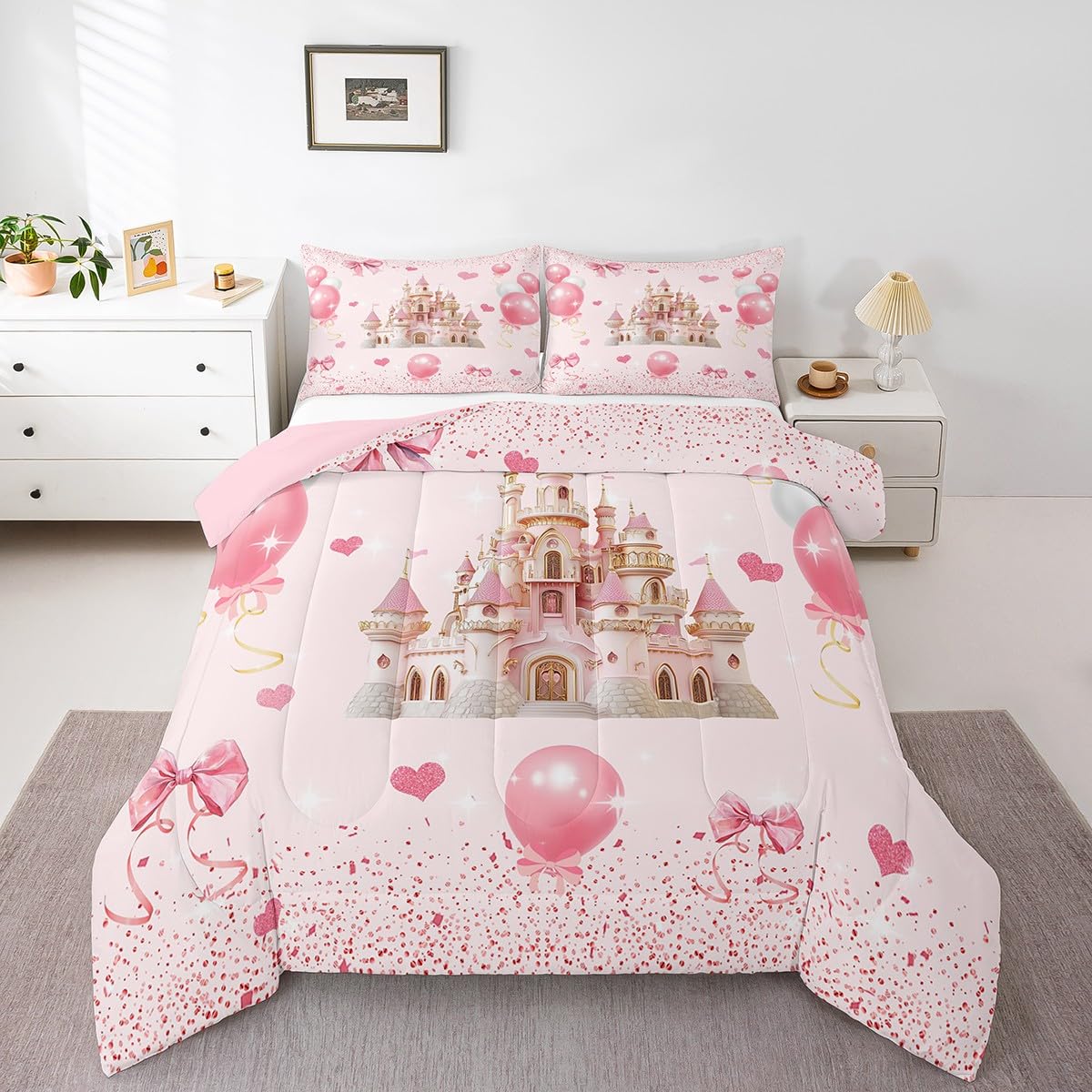 Erosebridal Girls Pink Princess Comforter Set Full Size,Pink Bow Castle Bedding Set for Kids Room Decor,Kawaii Bowknot Quilt Bed Set Sweet Love Heart Print Bed Comforter Sets with 2 Pillowcases