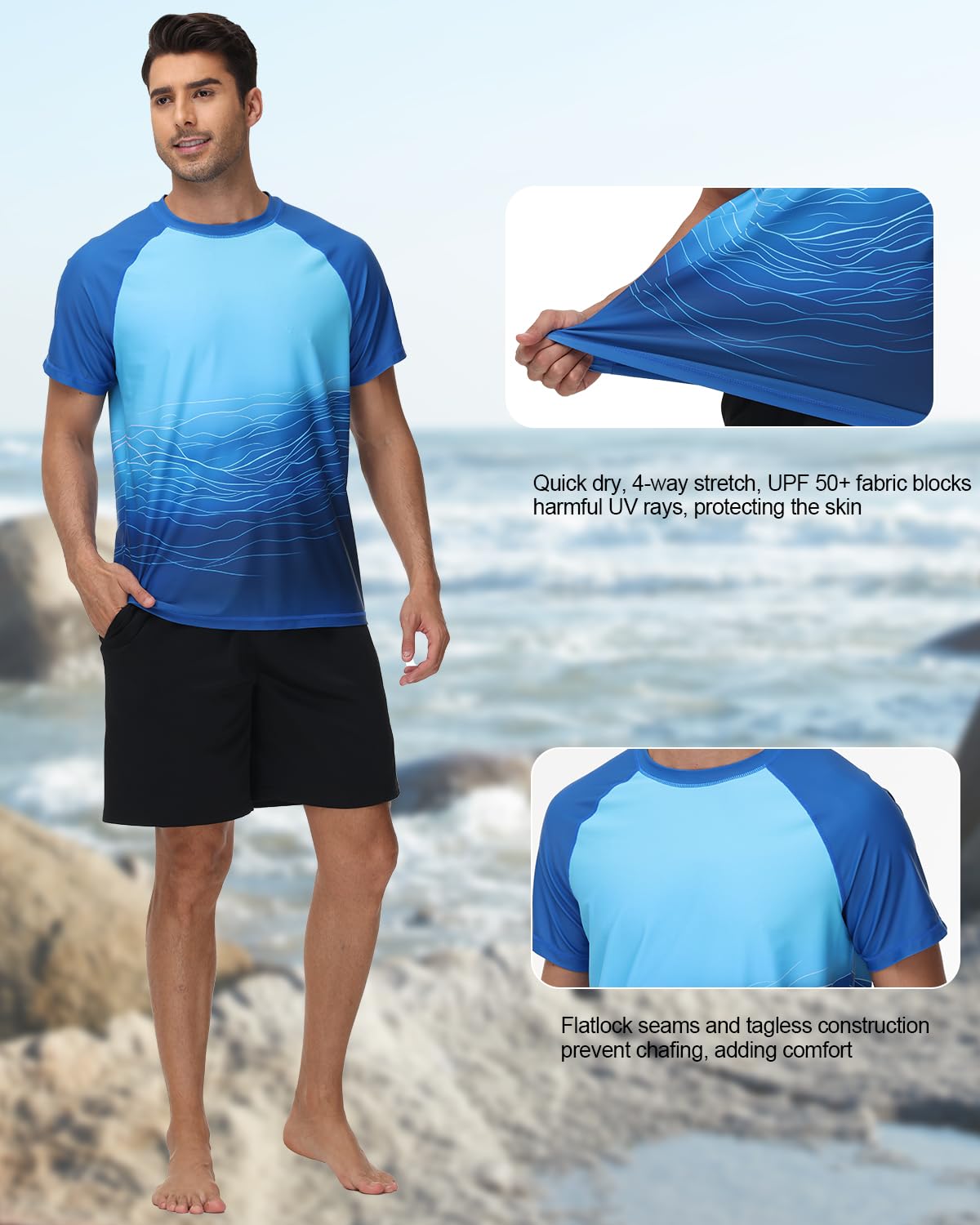 VAYAGER Camiseta de natación de manga corta para hombre, protección solar UPF 50+, de secado rápido, para agua, playa, protección solar