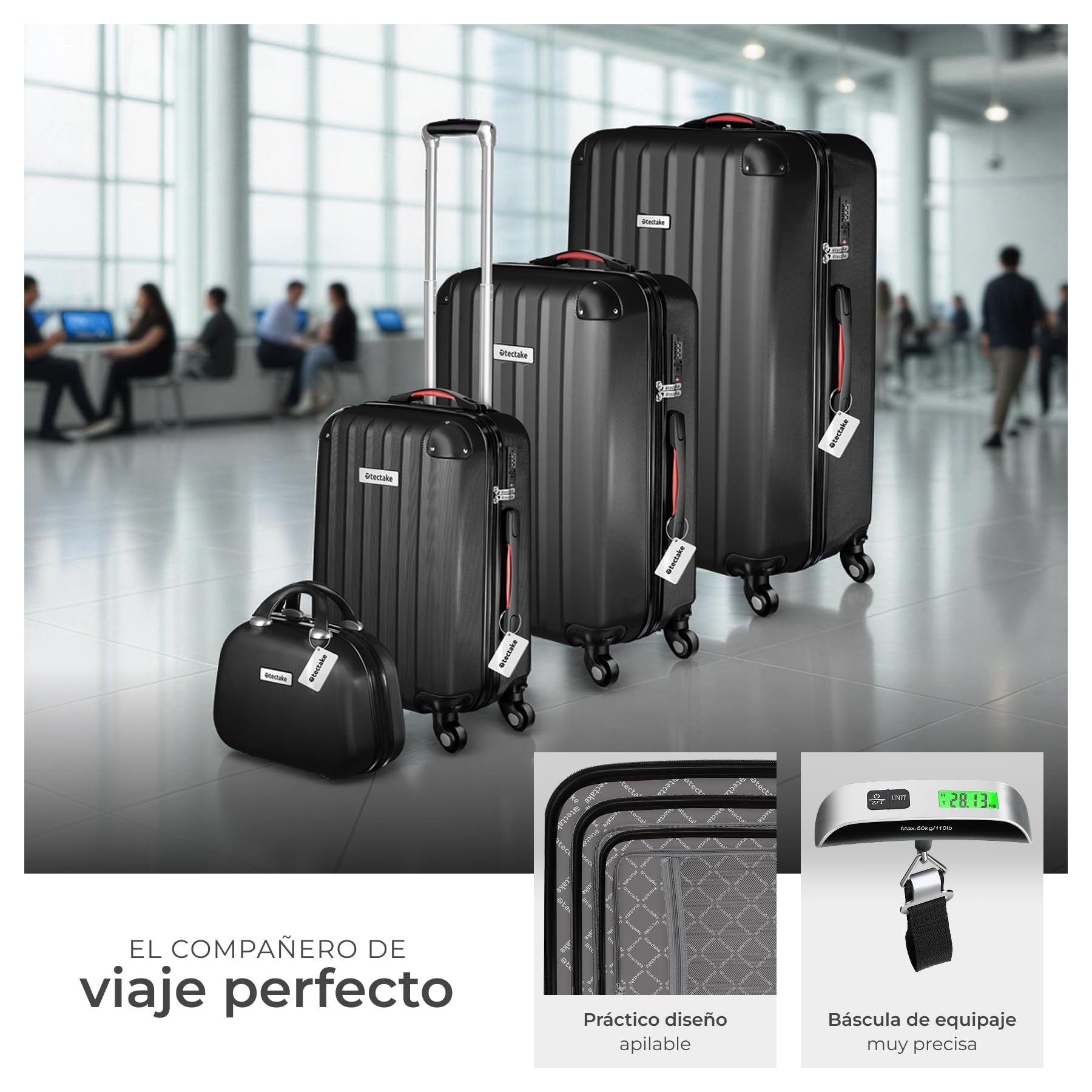 tectake® Juego de 4 Maletas Rígidas con Báscula y Etiquetas de Equipaje, 3 Trolleys y 1 Neceser, Set de Maletas de Viaje con Ruedas de 360º, Cerradura de Combinación, Apilables Entre sí - Negro