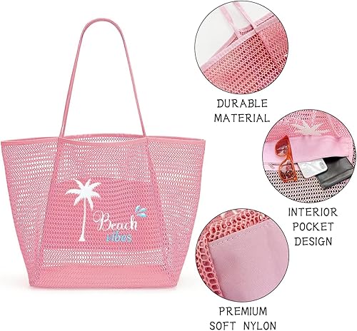 Miniatura 5 de ukia Bolsa de playa de malla, bolsas de playa de gran capacidad para mujer, bolsa de playa plegable con bolsillo con cremallera