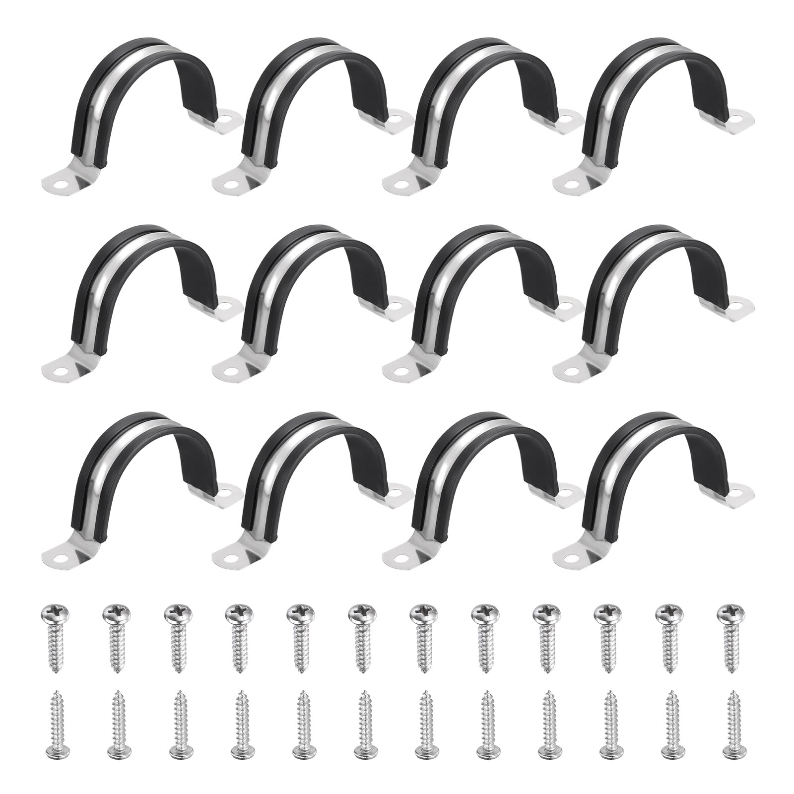 sourcing map 12Pcs 48mm Pipe Clips, 304 Stainless Steel Rubber Coated Cushion Pipe Strap Clamp U-Shaped Bracket with M3x148mm Screws for Tube Hose Cable Installation, Black — image 1