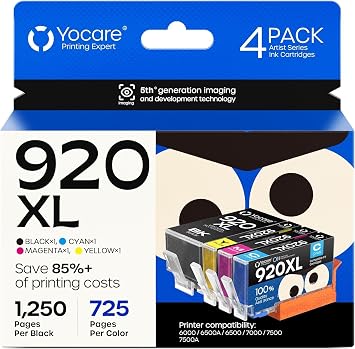 920XL 920 XL Ink Cartridges for HP920 for HP920XL |High Yield | Compatible with Officejet 6500A 6000 6500 7000 7500 7500A Printer 1 Black, 1 Cyan,1 Magenta,1 Yellow, 4-Pack