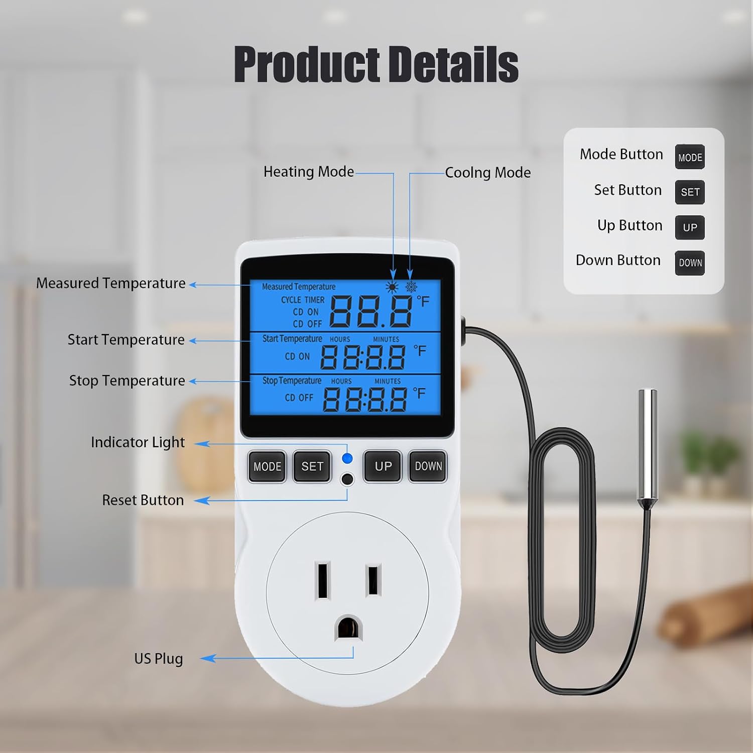 Plug in Digital Thermostat Temperature Controlled Outlet with Backlit LCD, 1800W 120V 15A Heating Cooling Control for Reptile, Incubation, Aquarium, Refrigerator, Home Brewing