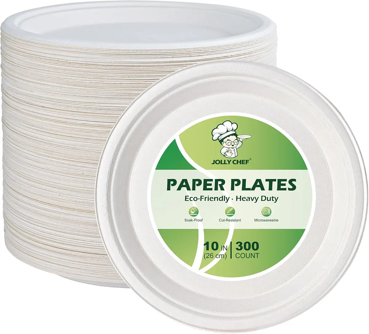 JOLLY CHEF 300 Pack Compostable Paper Plates 10 inch Super Strong Disposable Paper Plate 100% Bagasse Natural Biodegradable Eco Friendly Sugarcane Plates