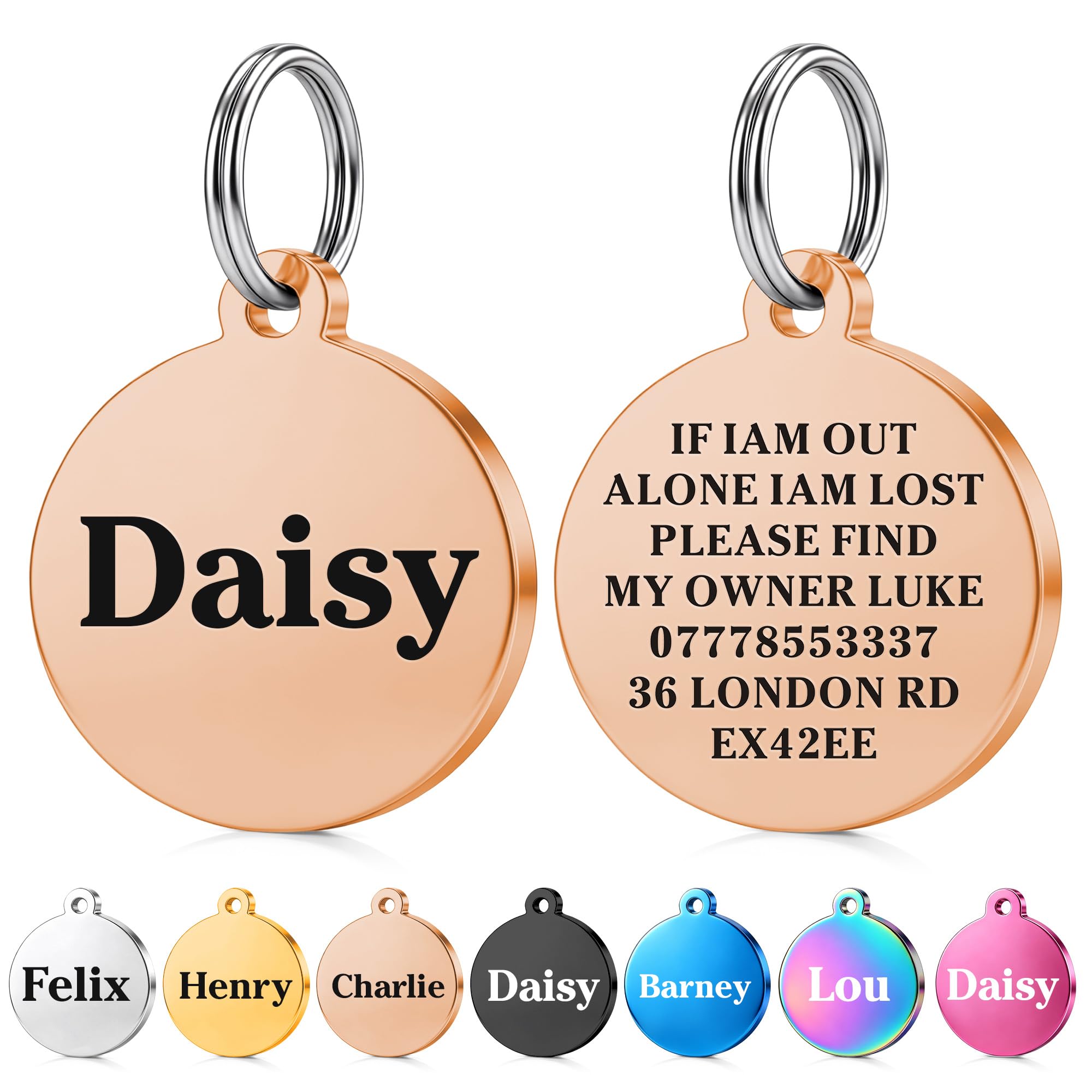 Premium Engraved Personalised Pet Dog Cat Puppy Name ID Bone Round Tag Collar Hand Finished in UK(Champagne Gold (Round),S) โ image 1