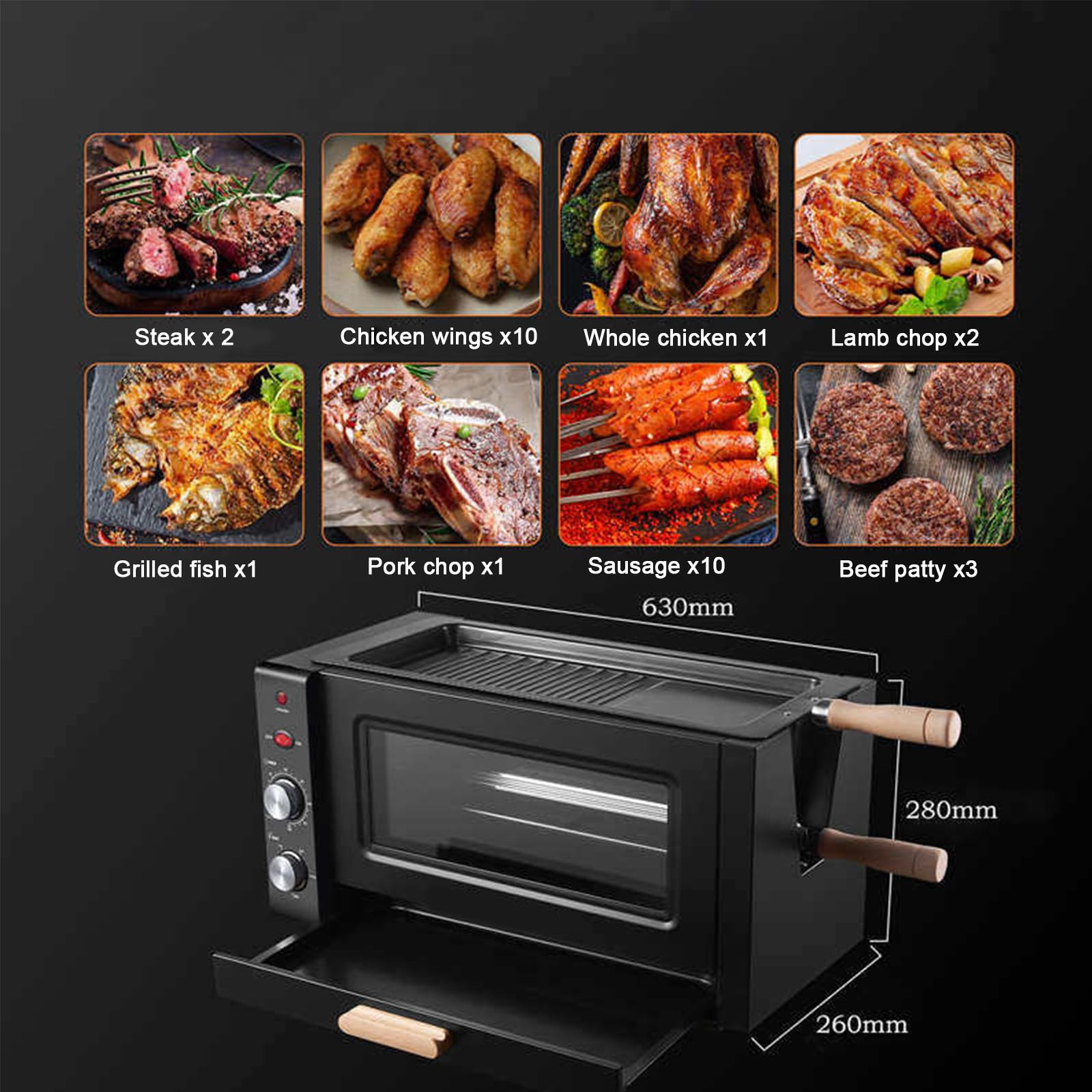 220V Elektryczny grill rożenowy z automatycznie obracającym się szpikulcem i płytą grillową, bezdymny grill do kurczaka i ryb, regulowana temperatura i timer (forked)