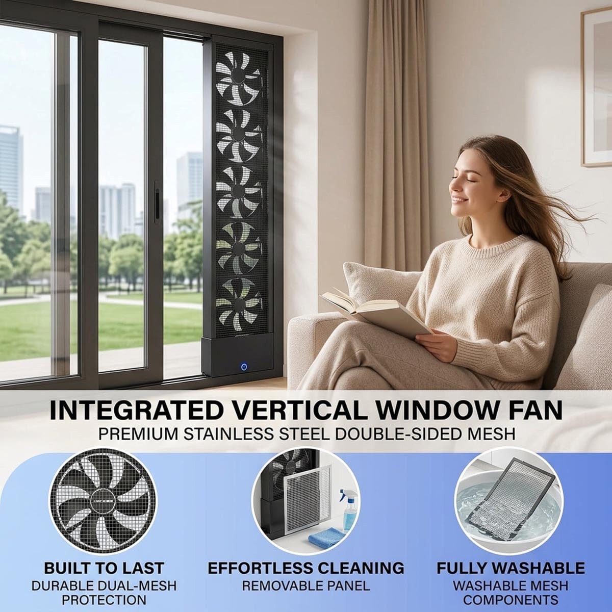 Vertikaler, einziehbarer Fensterlüfter für Schiebefenster, umkehrbarer Luftstrom mit doppeltem Insektenschutzgitter, ideal für Schlafzimmer, horizontal oder schwenkbar (50-62 cm)