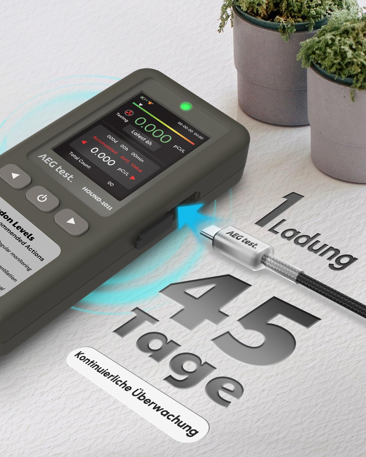 HOUND-1011 tragbarer Radon-Detektor für Zuhause, leicht, hochpräziser Sensor, 45 Tage Überwachung, einfach zu bedienen, Kurz- und Langzeitmessung in pCi/L oder Bq/m³, für Keller – Grau