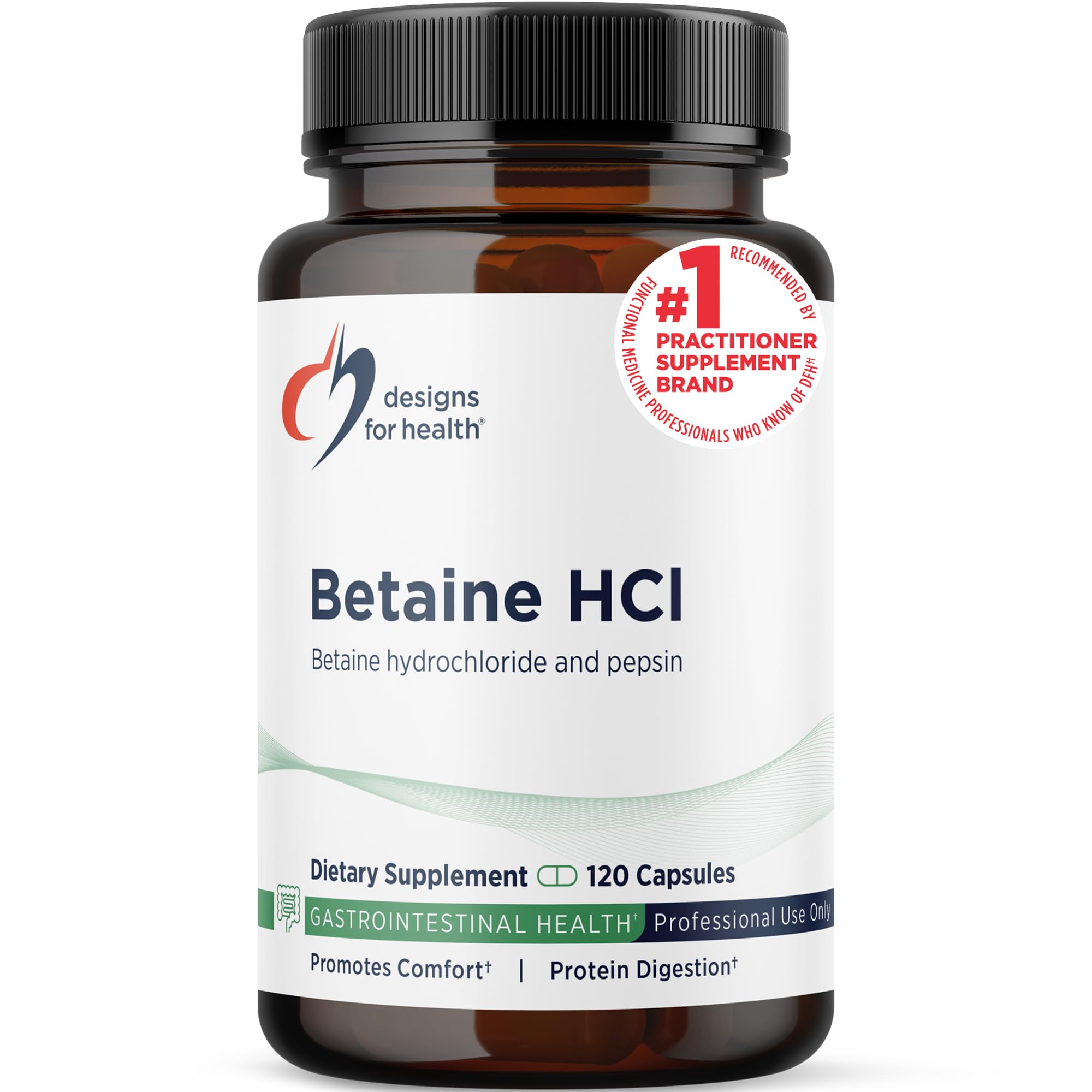 Designs for Health Betaine HCl with Pepsin - 750mg Betaine Hydrochloride + Protein Digestive Enzyme - Non-GMO Supplement to Support Digestive Function (120 Capsules)