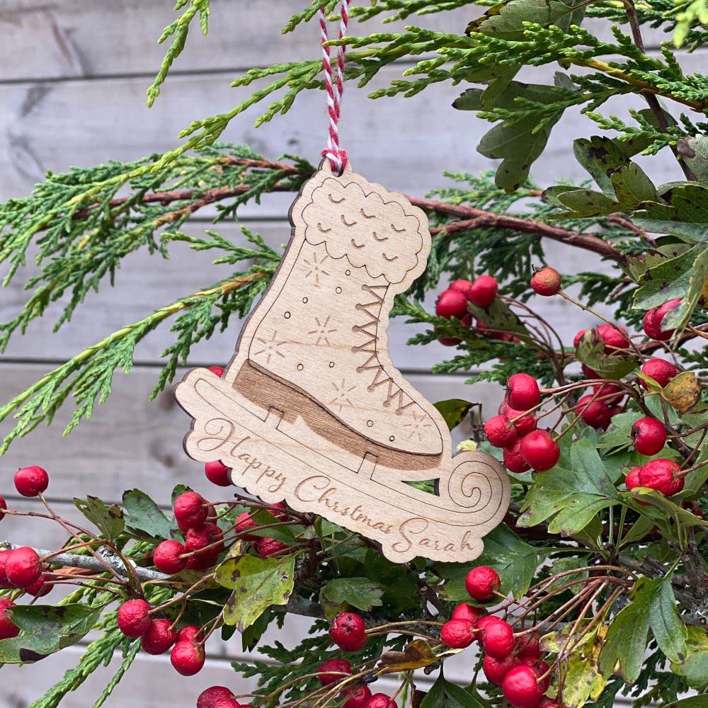 Luck and Luck Personalised Christmas Tree Decoration Ice Skate, Wooden Bauble, Festive Hanging Decoration, Keepsake Bauble, Family Friends Gift