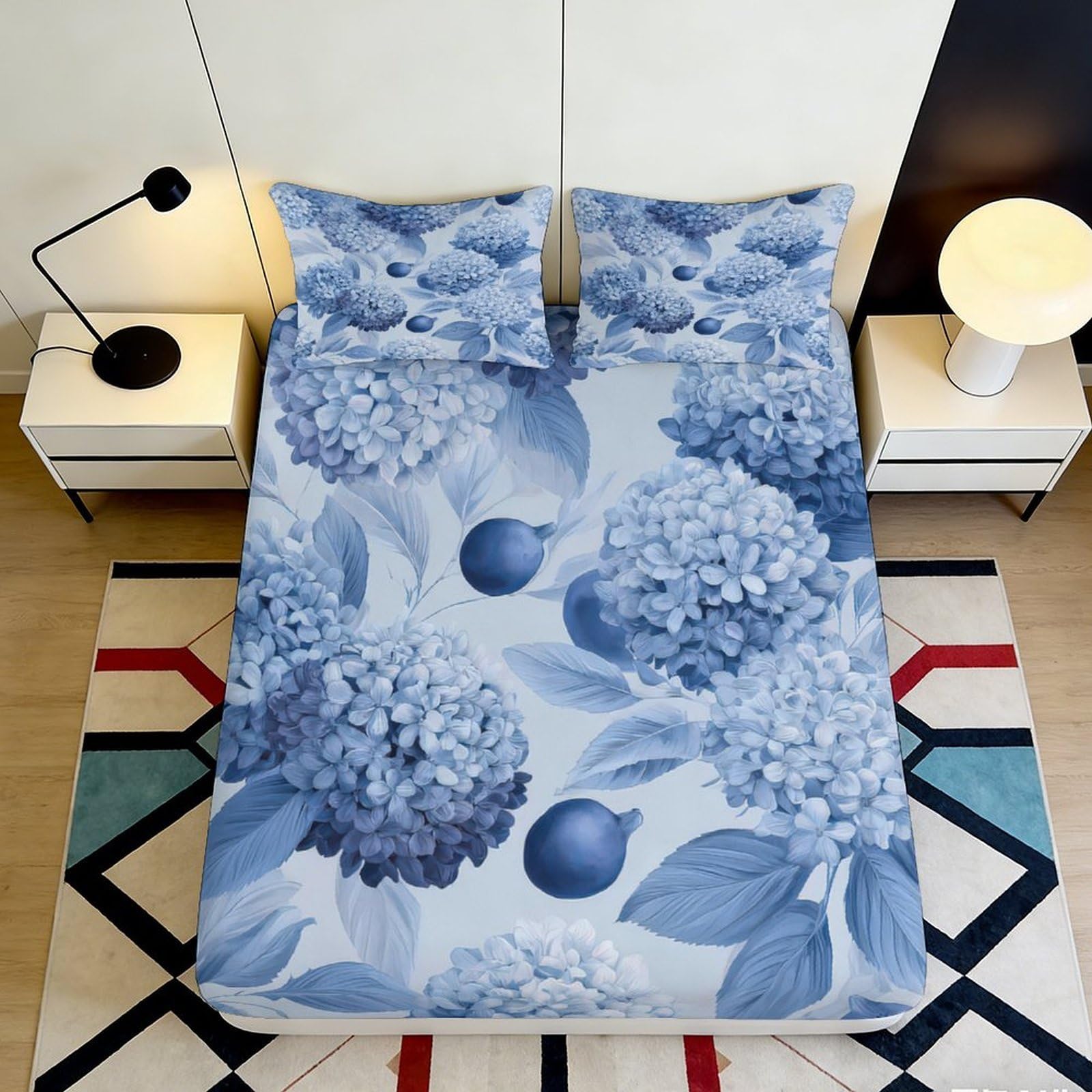 3D Printed Blue Hydrangea Fitted Sheet Microfiber Soft Floral Mattress Cover Anti-Slip Washable for Bedroom Guest Room Decor 160x200x25cm