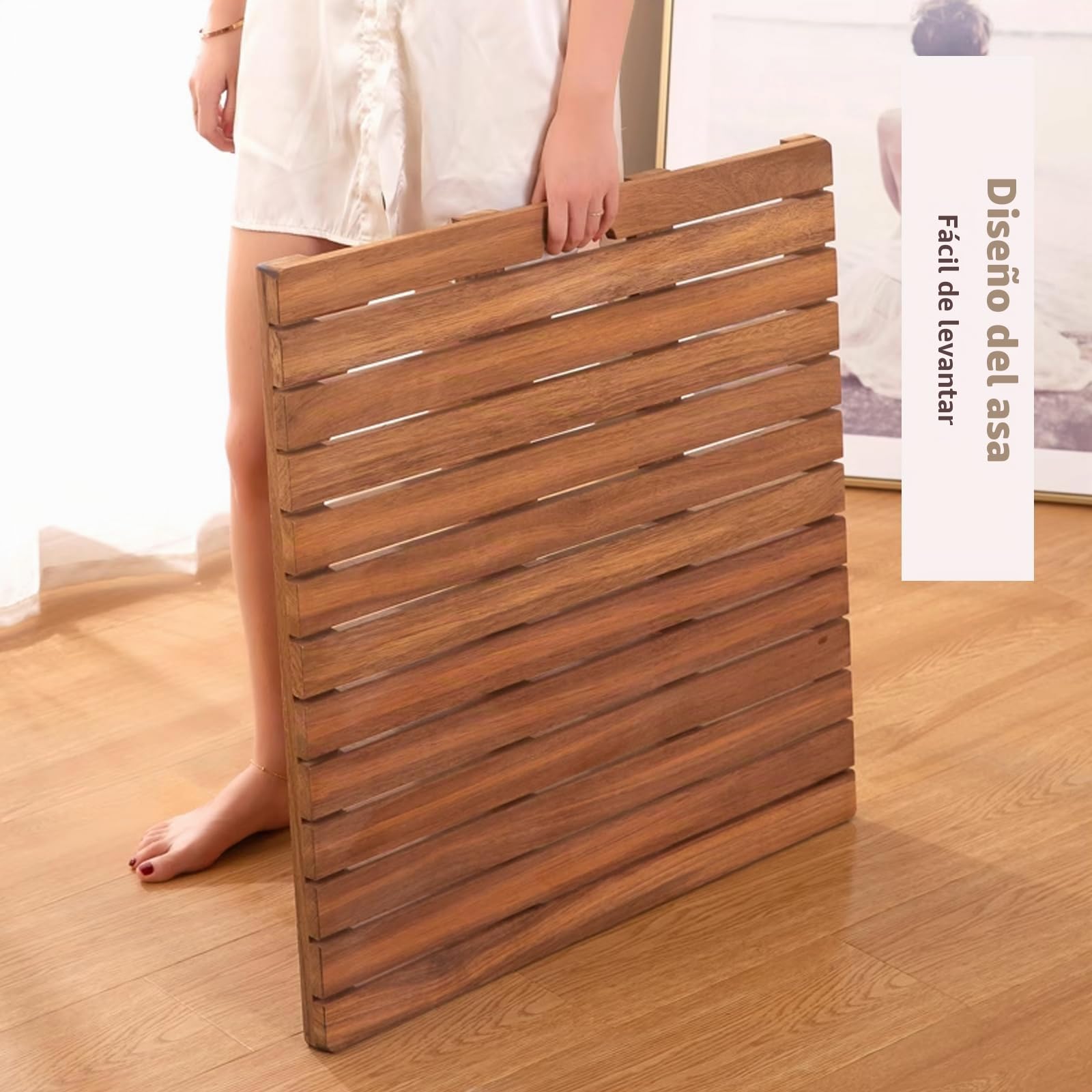 Alfombrilla de Baño de Bambú Antideslizante Personalizable,Tarima para Ducha,Tarima de Ducha Absorbentes de Madera Maciza,Tarima con Diseño de Mango,con Pies Antideslizantes (40x40cm/16x16in)