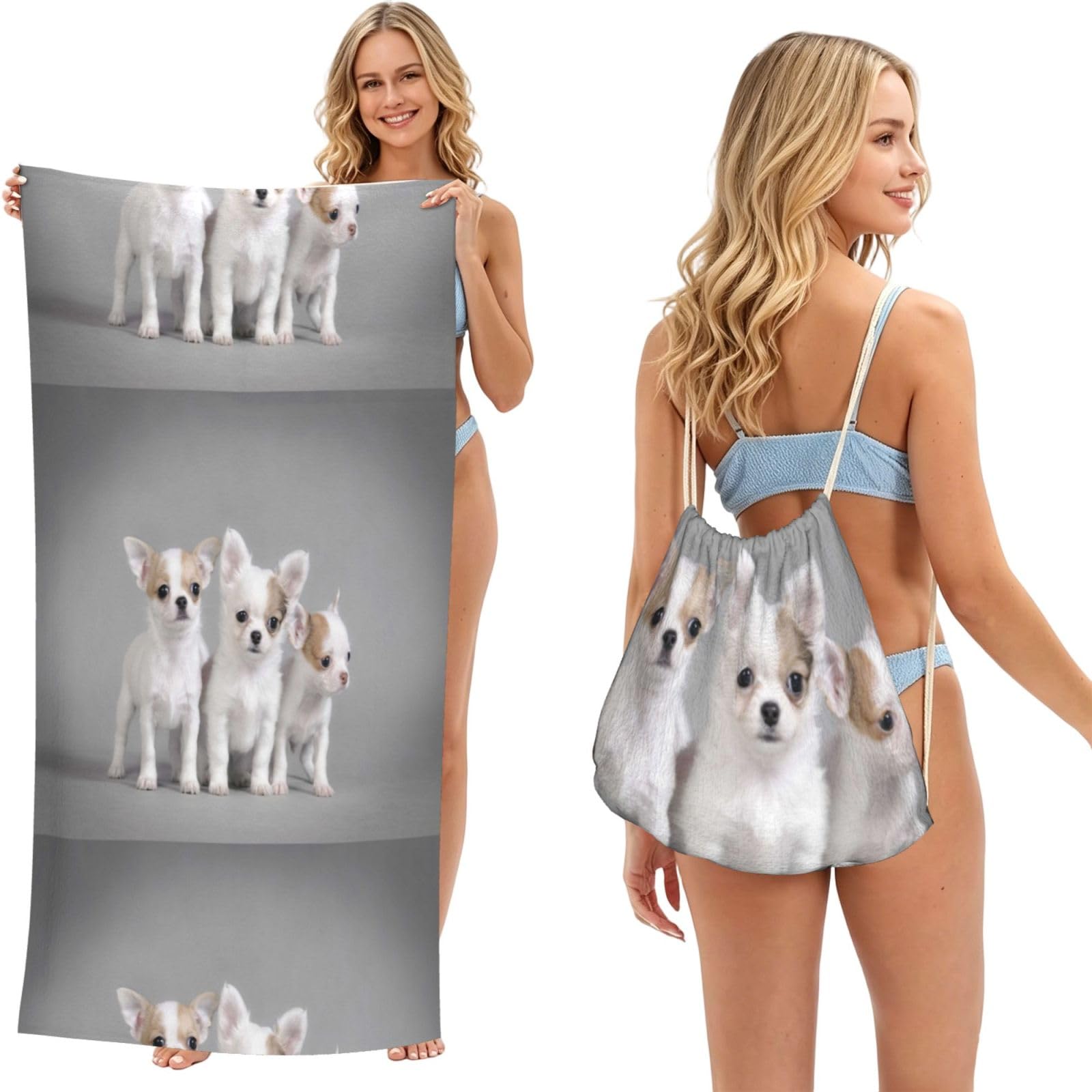 Poadnly As Picture Chihuahua Puppies, 2 In 1 Packable Towel Bag, Beach Towels With Drawstring Backpack For Travel Holiday Camping