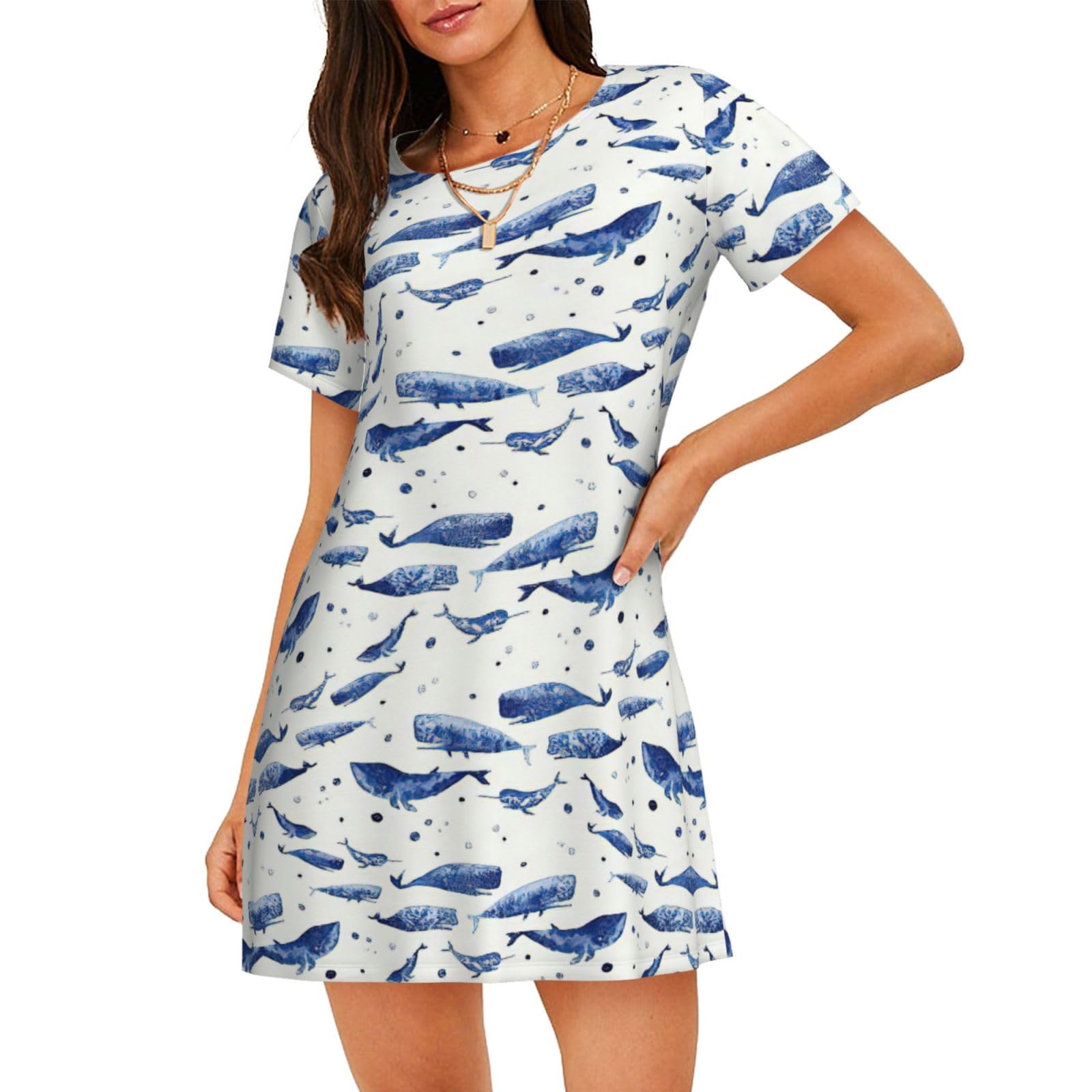 vsvdete Small Blue Whale Swimming Womenâ€™s Nightgown Loungewear Sleepwear Night Dress T Shirt Ladies Short Sleeved Nightshirts