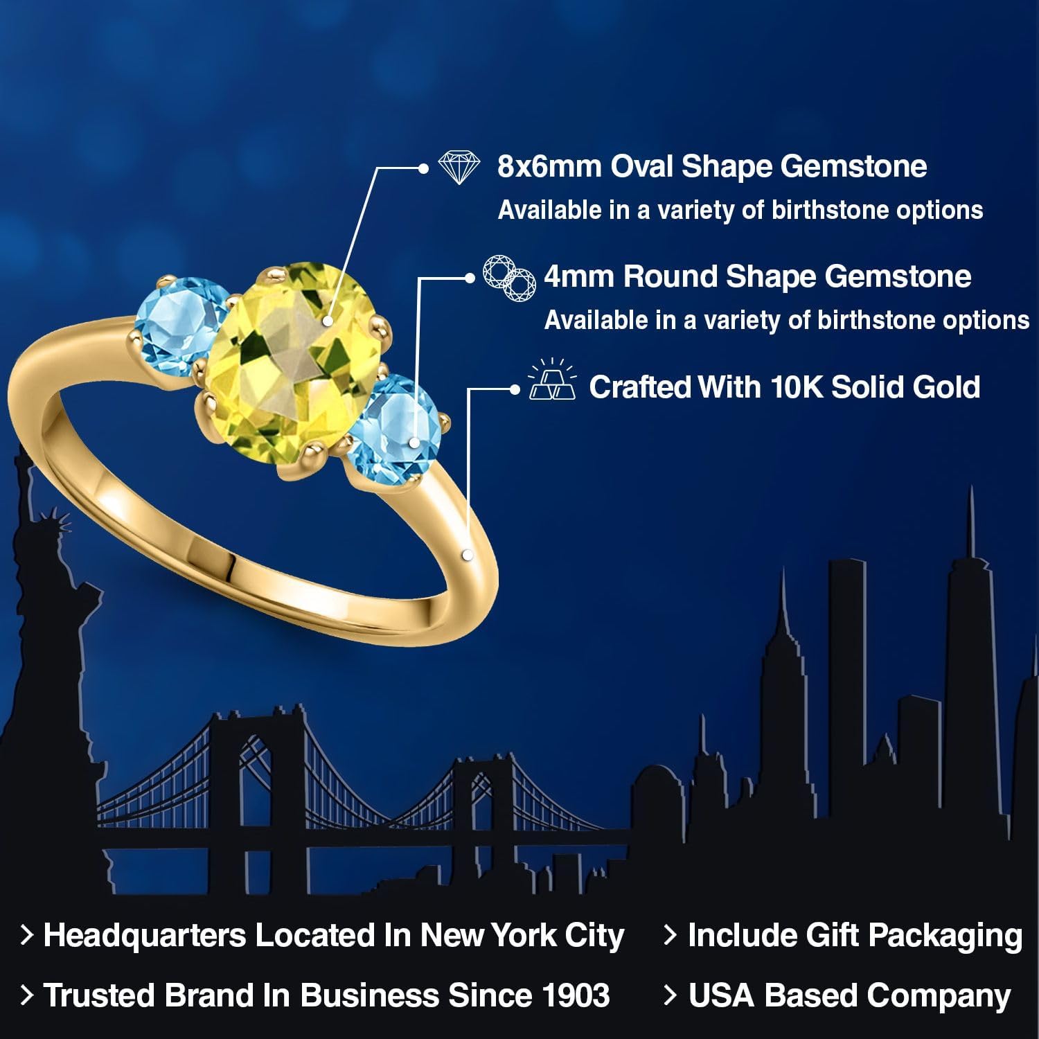 Gem Stone King 10K Yellow Gold Canary Mystic Topaz and Swiss Blue Topaz Engagement Ring For Women | 2.27 Cttw | Oval 8X6MM | Gemstone November Birthstone - Image 2