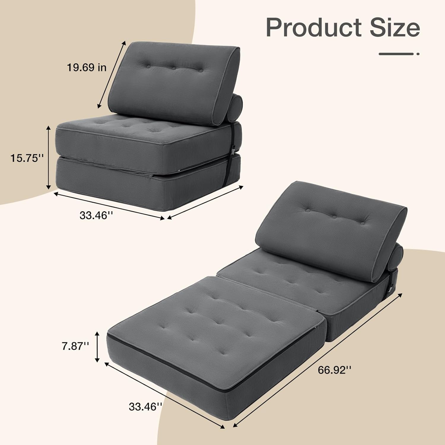 HOMMPA Folding Sofa Bed Convertible Sleeper Chair with Pillow Foldable Mattress with Back Support Portable Fold Out Sleeper Sofa Bed Floor Lounge Sofa for Living Room Home Office Single Size Dark Gray