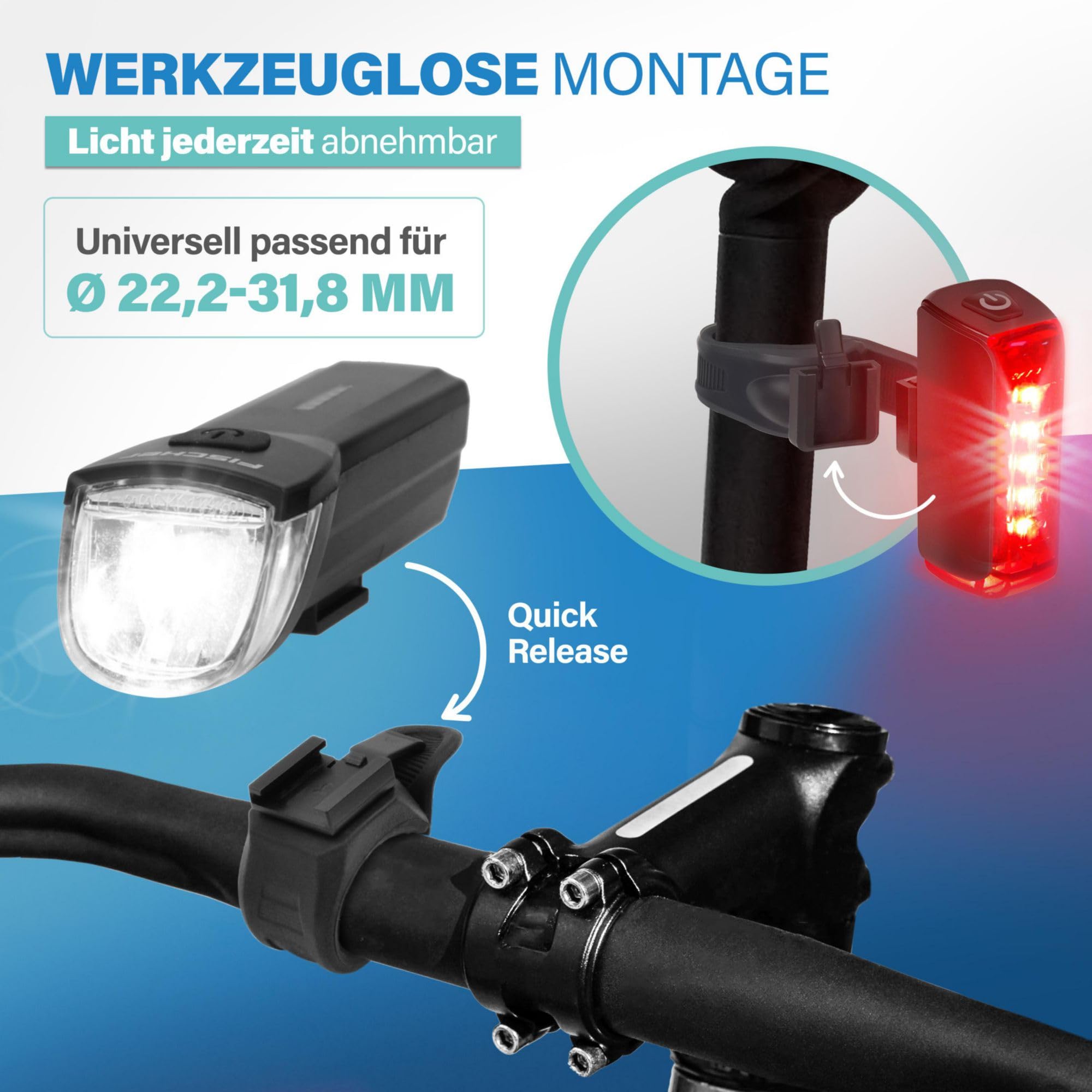 Fischer Fahrrad LED Beleuchtungs-Set Twin mit innovativer 360° Bodenleuchte für mehr Sichtbarkeit und Schutz, Frontlicht