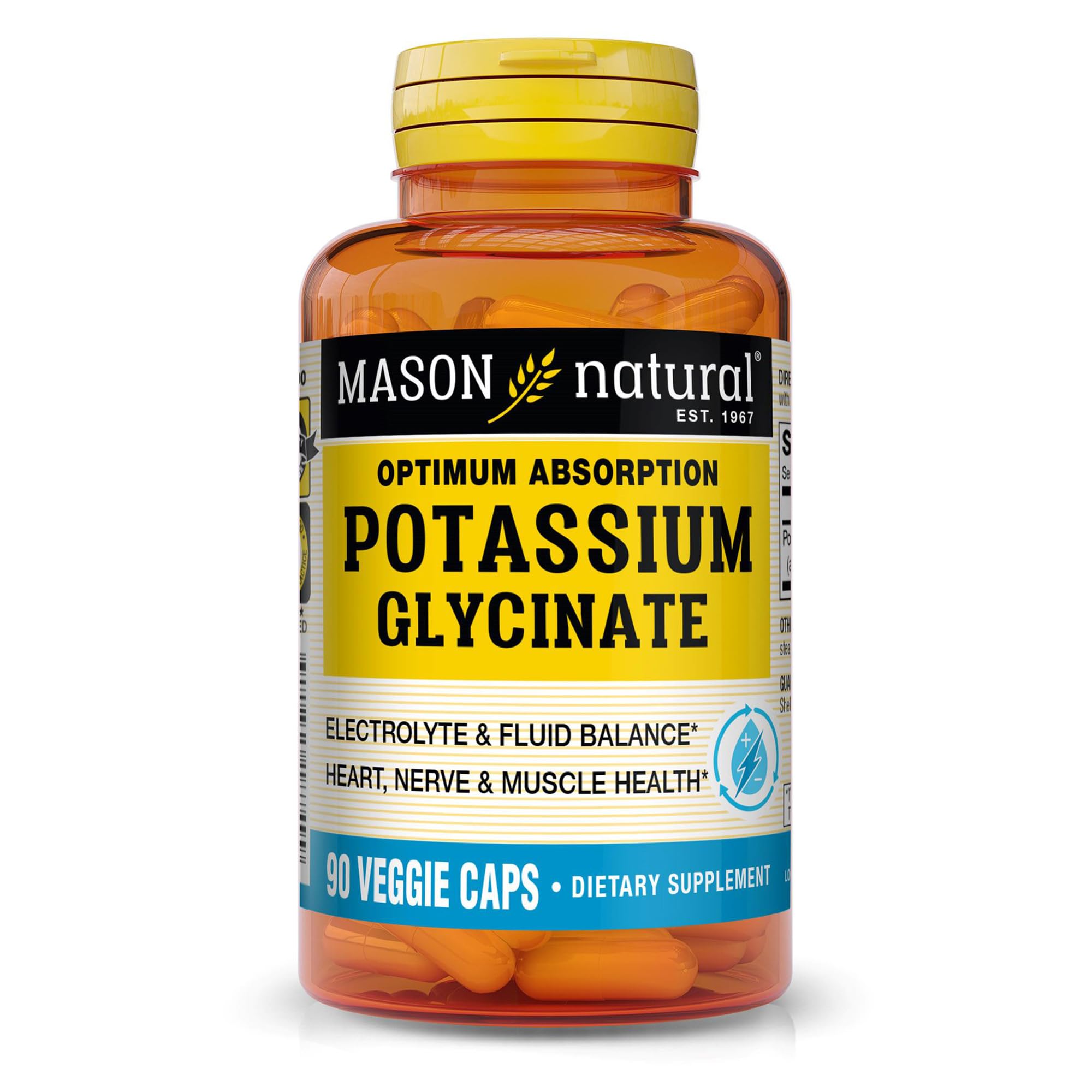 MASON NATURAL Optimum Absorption Potassium Glycinate, Electrolyte Support Supplement, 99 mg Potassium, 90 Veggie Capsules