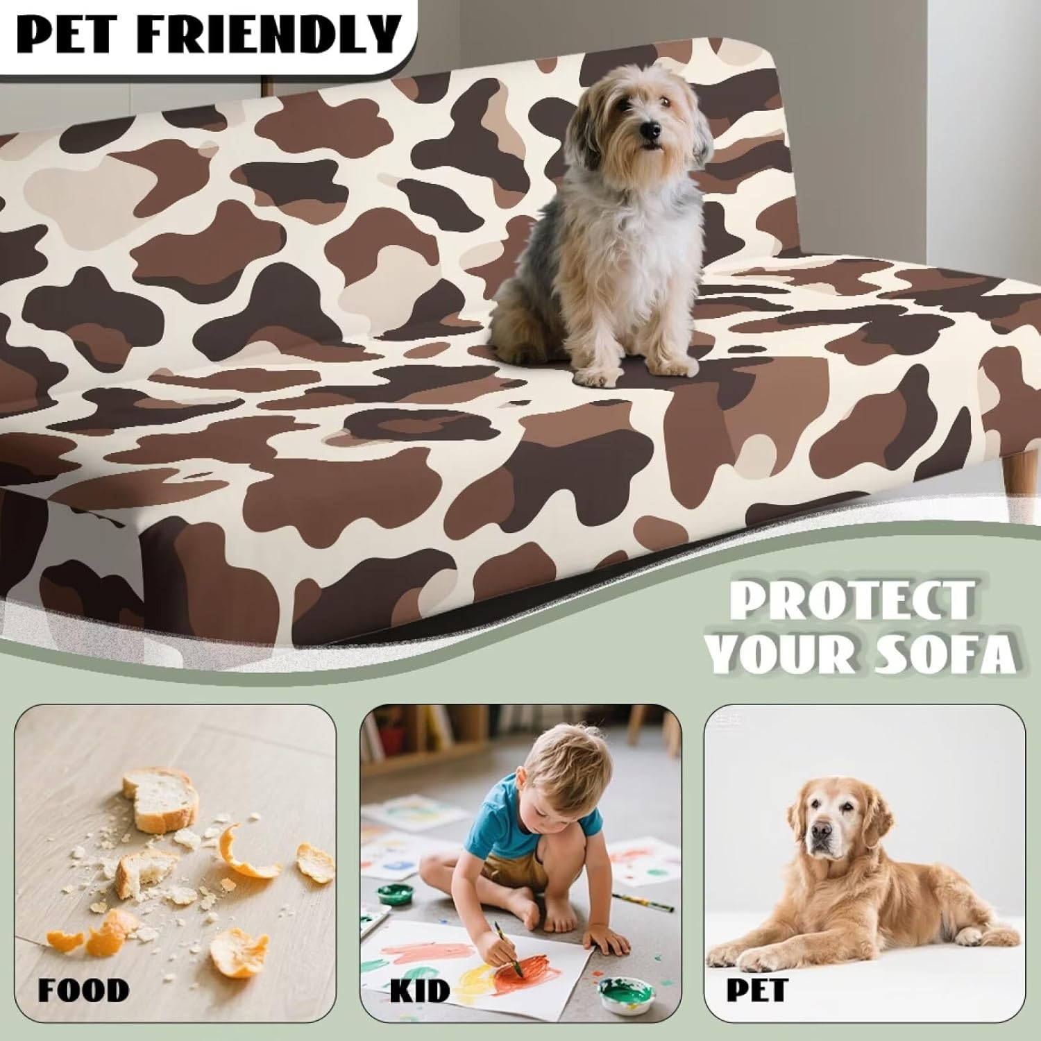 Brown Cow Print Armless Futon Sofa Slipcover, Dustproof Futon Sofa Chair Covers Stretchable Couch Slipcover Universal Fit for Sofas