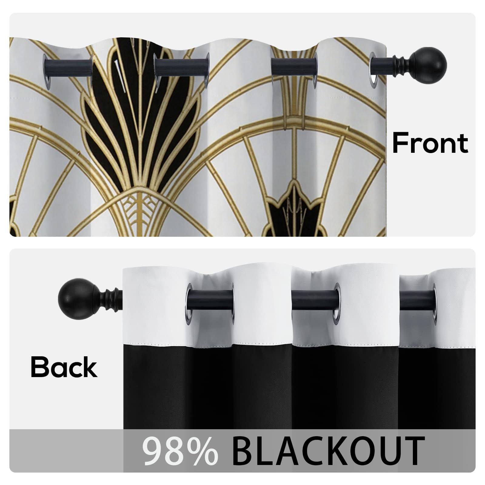Verdunklungsvorhänge 2er Set - Retro-Luxus-Fächerform Thermovorhang - Art Deco Vorhang Blickdicht mit Ösen - Lärmschutzvorhang Gardinenschals - H220 x B140 cm, Gold