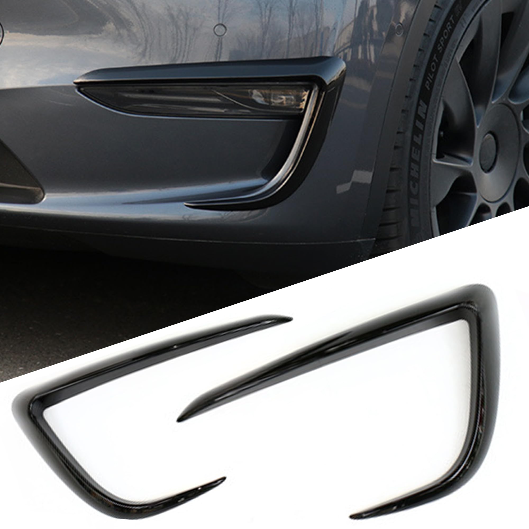 Photo 1 of FLAMPETUS Front Fog Light Trim Cover for Tesla Model Y, 2PCS Fog Lamp Eyebrow Eyelids Cover Frame Blade Trim, Spoiler Accessories Fit Model Y 2017-2023 2024, Glossy Carbon Fiber