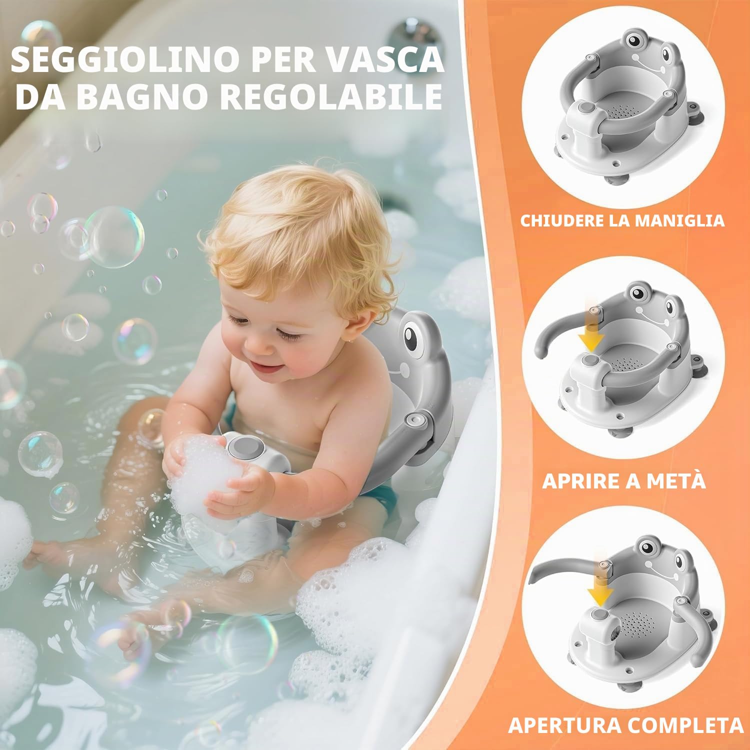 Seggiolino Doccia Bimbo, Seggiolino per Vasca da Bagno per Bambini a Partire da 6 Mesi, Seggiolino da Bagno Antiscivolo con 4 Potenti Ventose,per Doccia o Vasca(Grigio)