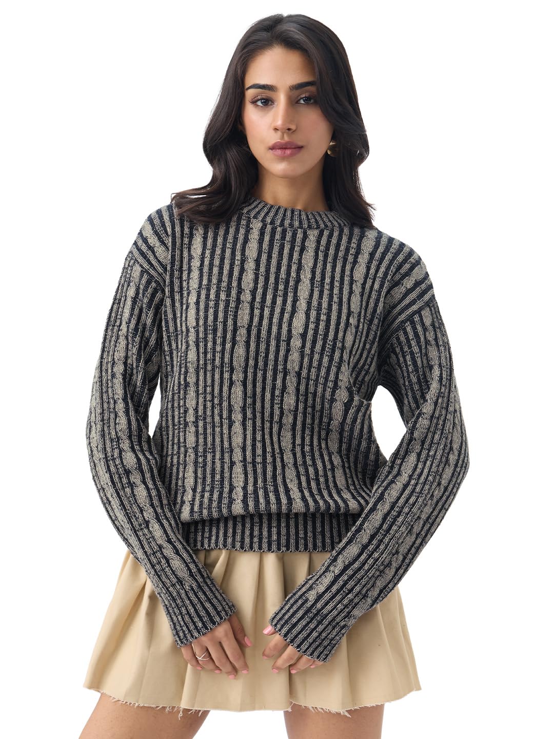 the souled store Cable-Knit Sweater: Hazel Noir Women and Girls Full Sleeves Round Neck Black and Beige Textured Acrylic Lightweight Oversized Pullover Sweater-picture-21
