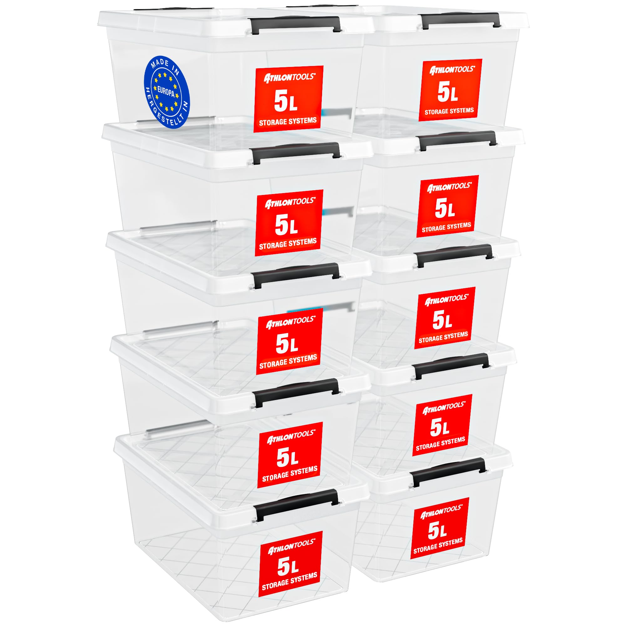 ATHLON TOOLS Lot de 10 boîtes de rangement de 5 L avec couvercle, petites, 100 % nouveau matériau, transparentes, sans BPA, conteneurs empilables, clips de verrouillage gris, pratiquement hermétiques