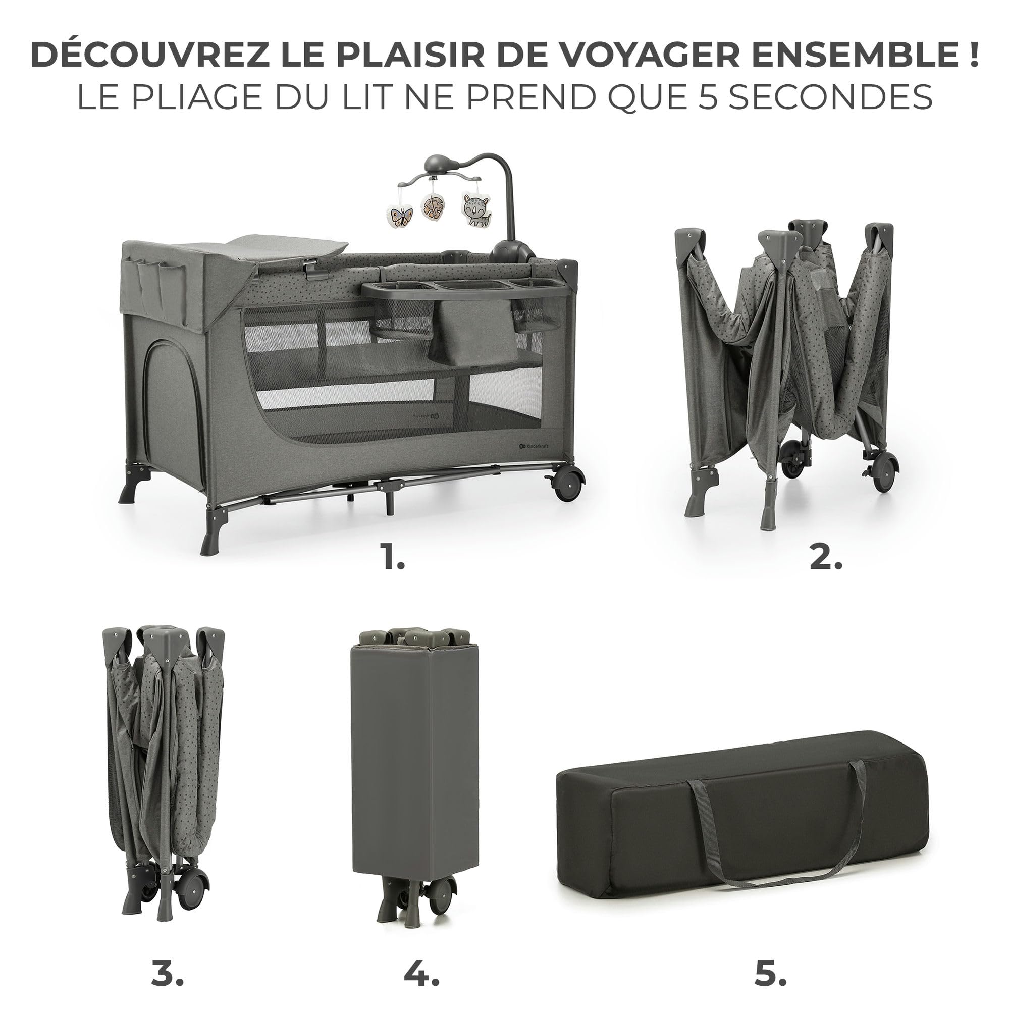 Kinderkraft Joy 2 ACC Lit Parapluie 2 en 1, Lit bébé de la Naissance Jusqu’à 15 kg, 120 x 60 cm, Facile à Plier, Carrousel avec Jouets, Étagères pour Les Couches, Sac de Transport Inclus, Gris