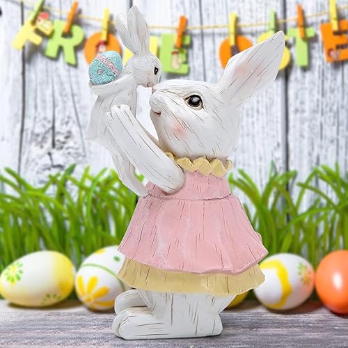 Vista 6 de Hodao Decoraciones de conejo de Pascua, decoración de conejos familiares de primavera, figuras de mesa para fiesta, hogar, vacaciones, lindo conejo