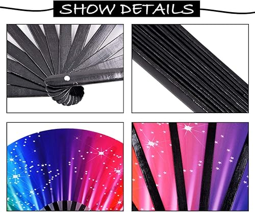 Miniatura 4 de meifan Abanicos de mano Rave para mujereshombres, ventilador de mano chino japonés de bambú de 13 pulgadas y tela de nailon para actuación,