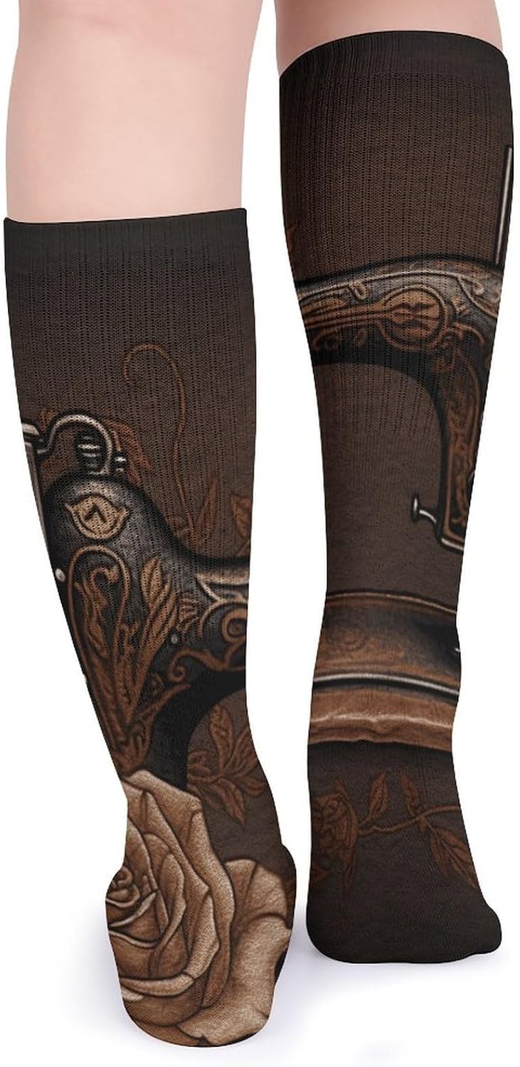 5-Pack Knee High Socks, 15.7 Inch Breathable Casual Socks Rose And Sewing Machine Stockings for Men Women