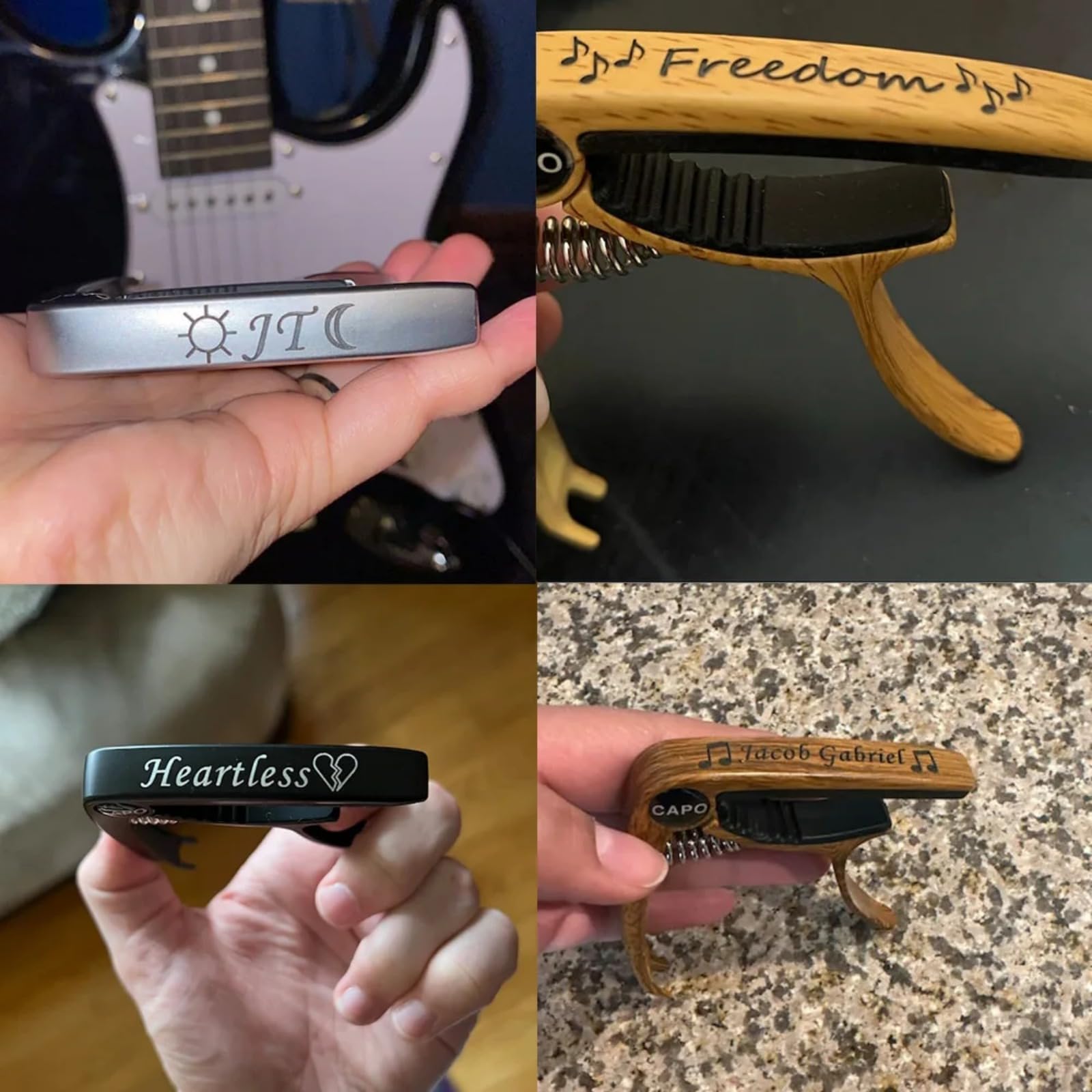 Capodastre Personnalisé Gravé Bois & Métal – Cadeau Unique Guitariste, Papa, Mari, Ami Musicien – Gravure Nom, Date, Parole, Citation