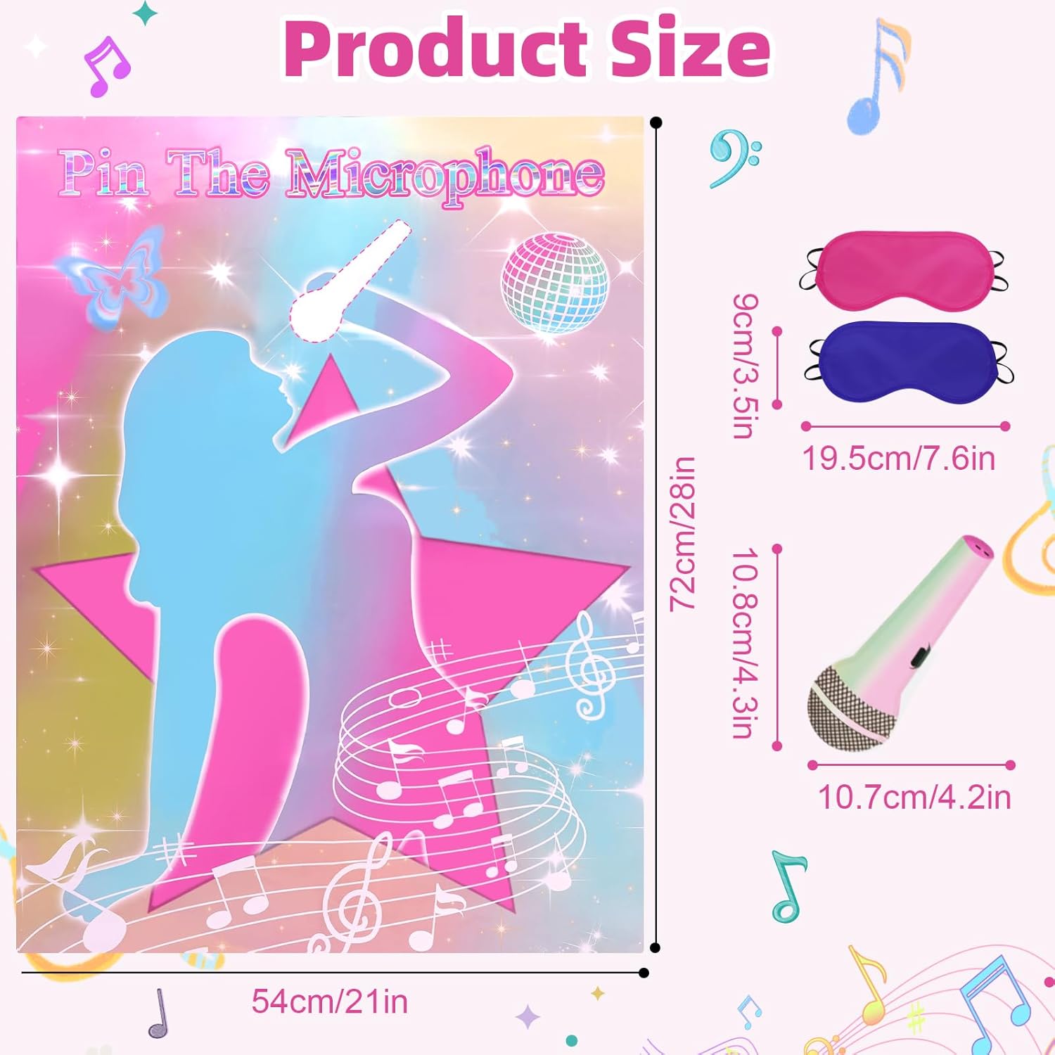 Pin The Microphones On The Famous Singers Party Games, Suitable for Music-Themed Party Supplies Decoration, Pop Singers Party,Pink Girl Party,Large Waterproof Poster with 24 Microphone Stickers