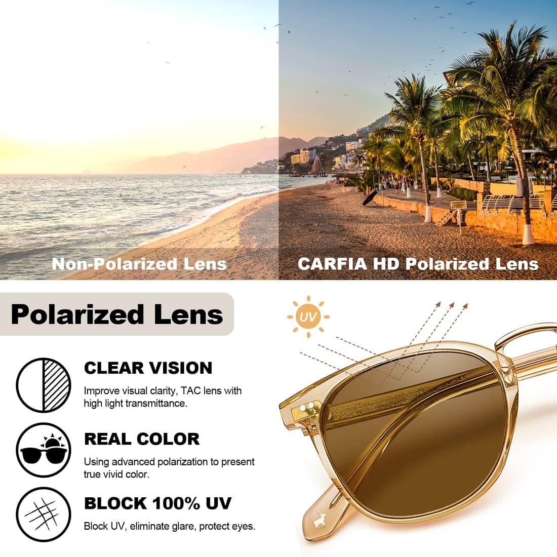 CARFIA Acetate Polarized Sunglasses for Women UV Protection, Retro Eyewears Metal Bridge Brow Ladies Sunnies Trendy Shades