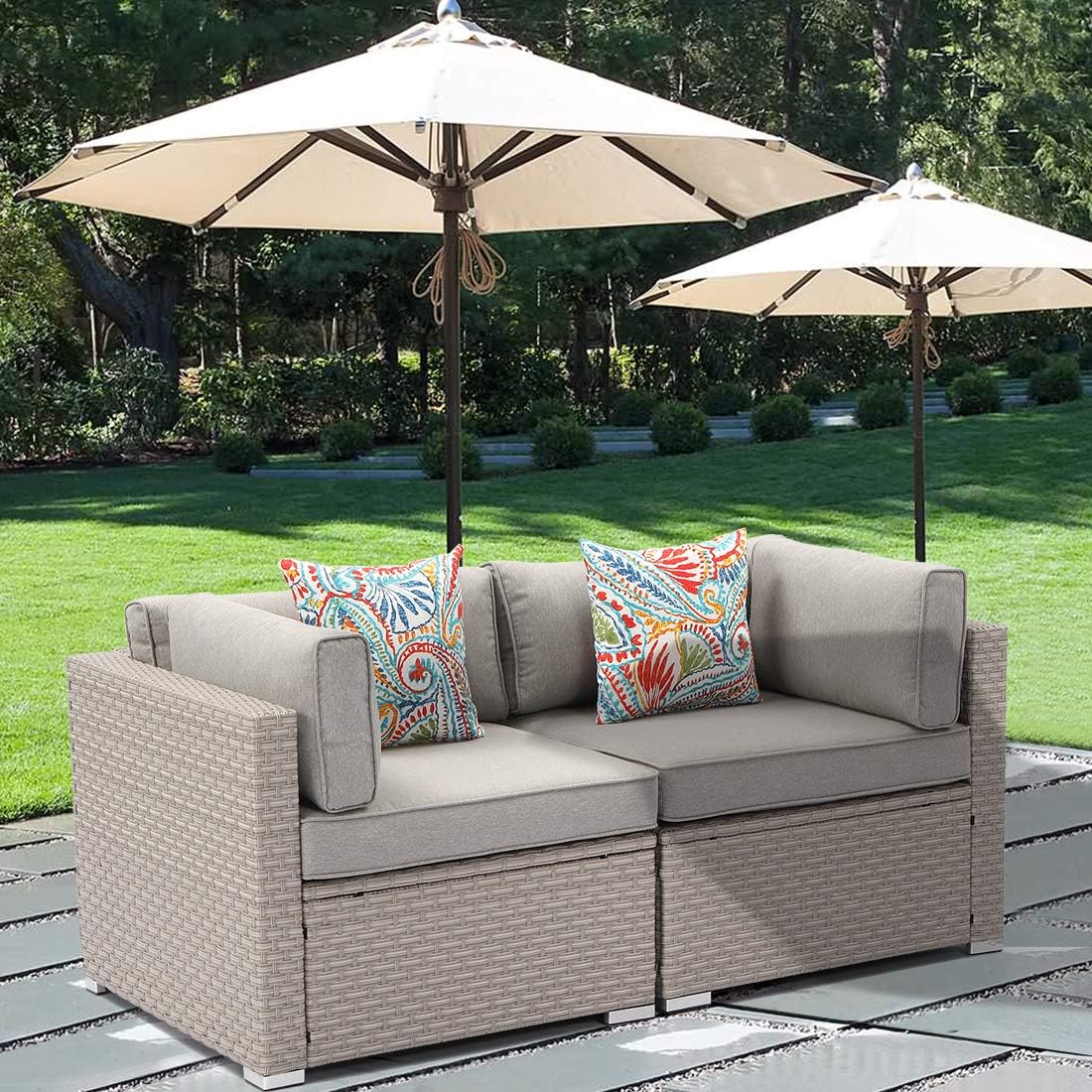 HOMPUS2-Piece Outdoor Furniture All Weather Patio Handwoven Loveseat w Warm Gray Seat Cushions, 2 Bohemian Flower Pillows for Garden, Pool, Backyard