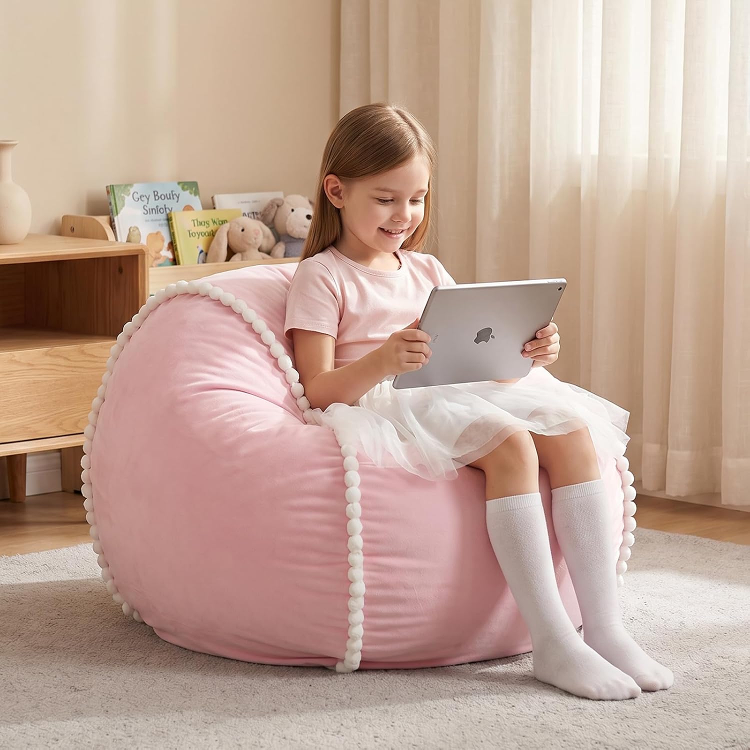 Cake Bean Bag Chairs for Kids Teens,Memory Foam Bean Bag for Girls with Removable Pink Bean Bag Cover,Stuffed Animal Toy Storage,Cute Decor for Bedroom Playroom Dorm Bean Bag Sofa