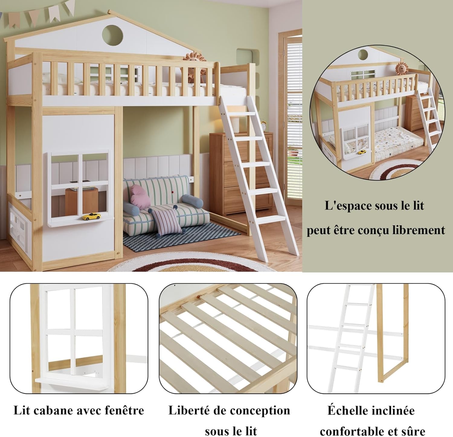 KOMHTOM Loft Bed in a child's room, highlighting features like the house-shaped bed with windows, flexible space underneath, and an inclined ladder.
