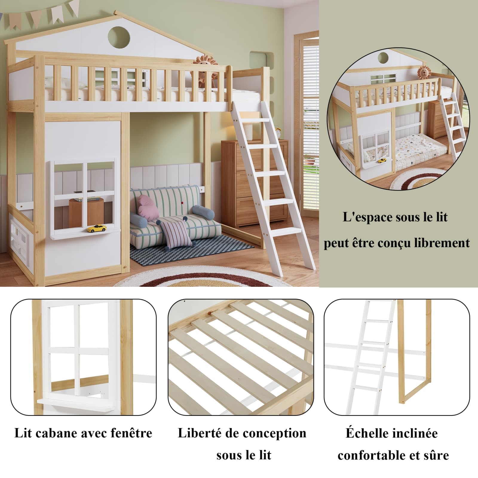 Lit Mezzanine En Pin 90x200 Cm Avec Escalier Rangement - 3 Marches, 2 Fenêtres, Sommier à Lattes - Rose