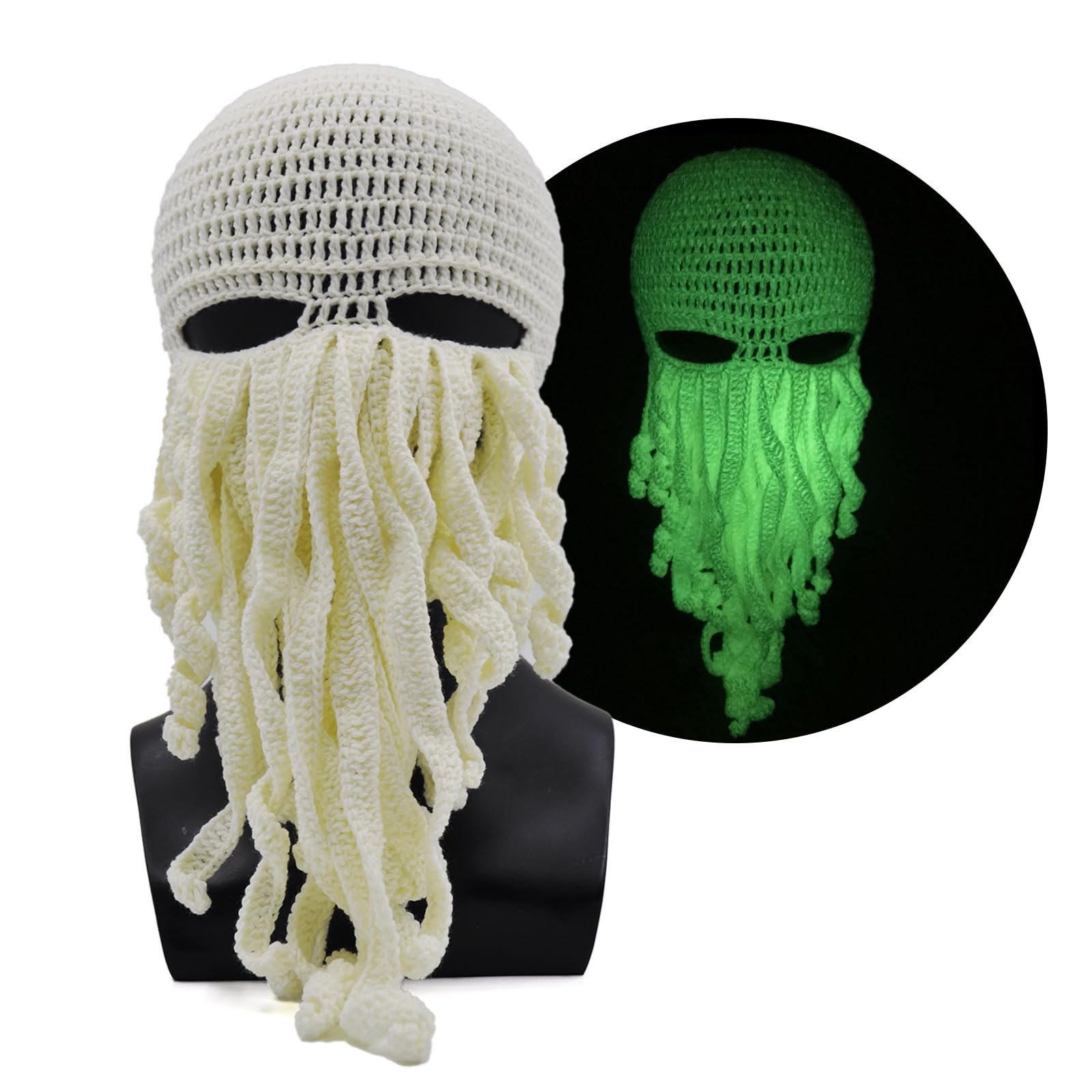 bulingbulingOctopus Hat,Glow in The Dark Squid Beanie,Halloween Novelty Animal Hat,Foldaway Crochet Beard Octopus Pirate Mask Costume,White Cap