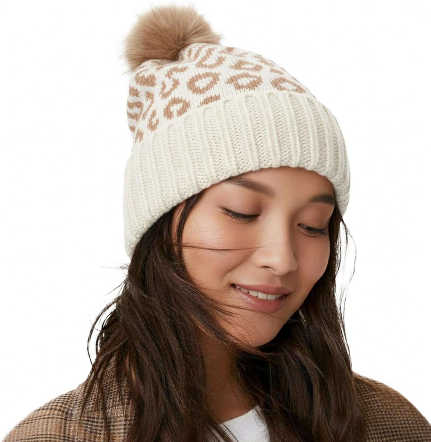 Surblue Winter Beanie for Women with Faux Fur Pom Knit Slouchy Hat Skull Cap